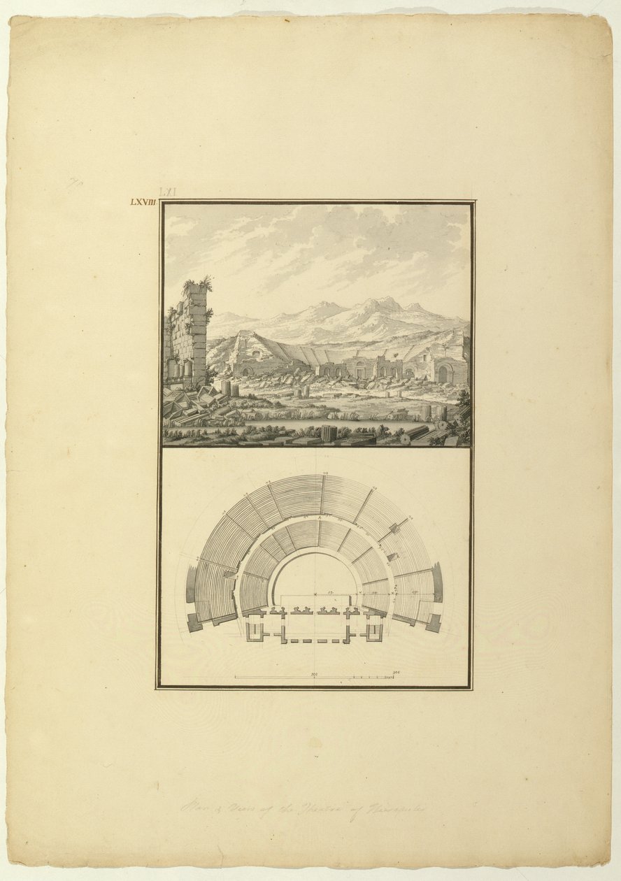 Utsikt och plan över Theatre of Hierapolis (nu Pamukkale), ca 1750 (penna & bläck och tvätt på papper) av Giovanni Battista Borra