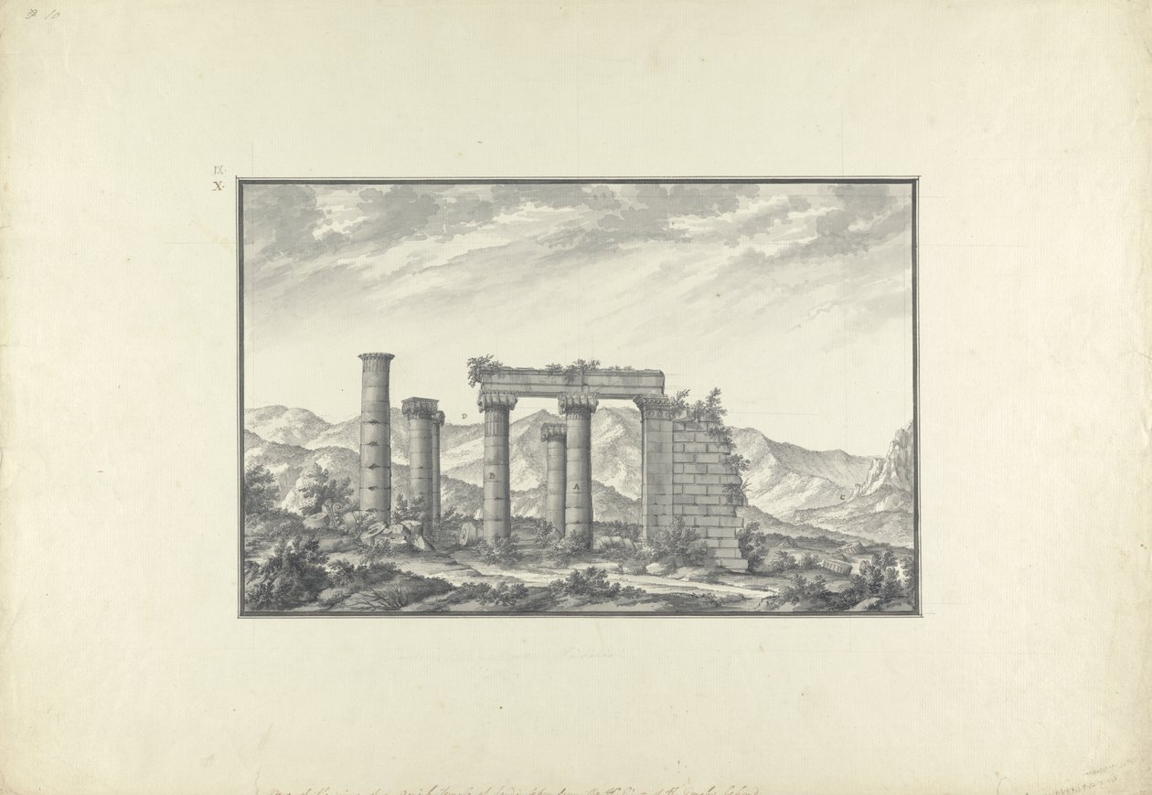 Utsikt över ruinerna av ett joniskt tempel vid Sardis, troligen Neptunus tempel, ca 1750 (grå tvätt, penna och bläck och penna på papper) av Giovanni Battista Borra