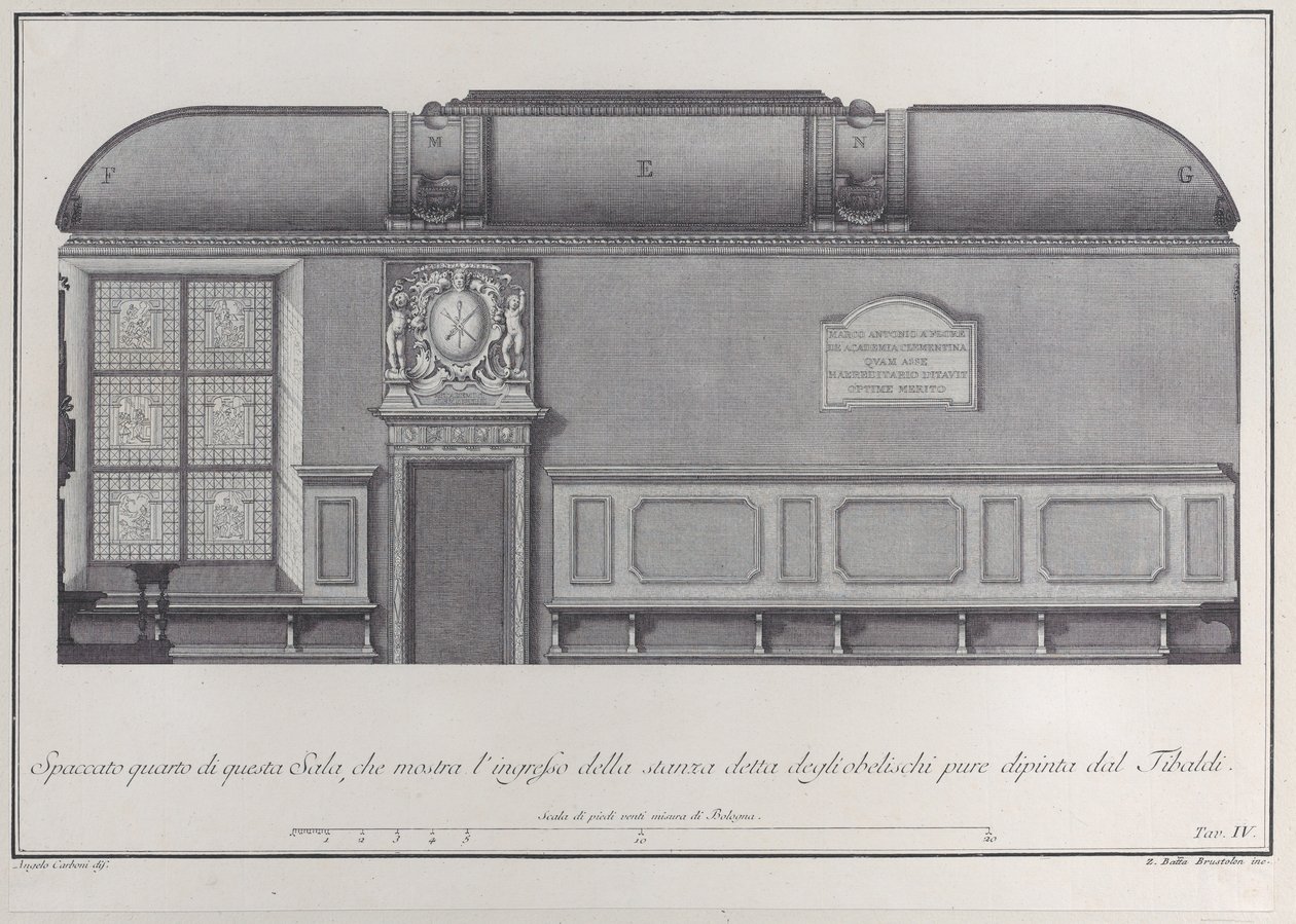 Plåt 4: tvärsnitt av Hall of the Institute of Bologna, med ingången till r..., 1756. av Giovanni Battista Brostoloni