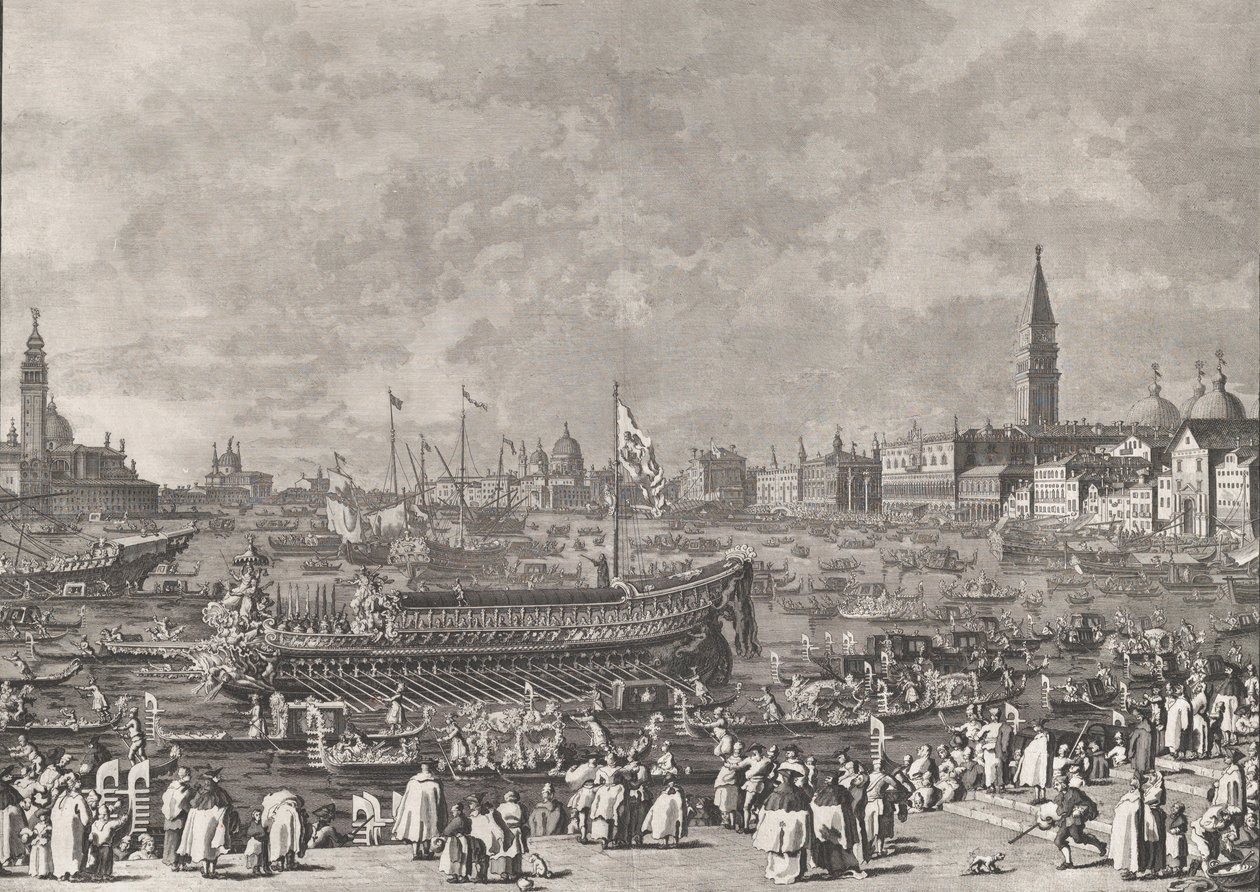 Plåt 5: Dogen i Bucintoro Avgår till Porto di Lido på Kristi himmelsfärdsdag, f..., ca. 1766. av Giovanni Battista Brostoloni