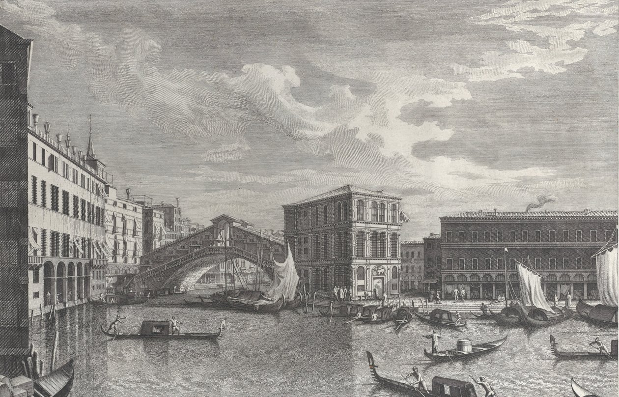 Rialtobron, Venedig, med båtar och gondoler i vattnet, 1763. av Giovanni Battista Brostoloni