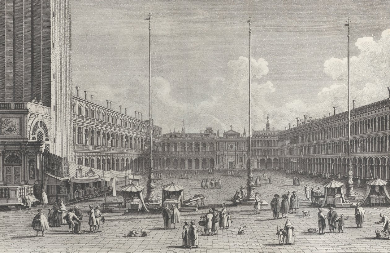 Utsikt över Piazza San Marco, med kyrkan San Geminiano längst bort, och figurer och..., 1763. av Giovanni Battista Brostoloni