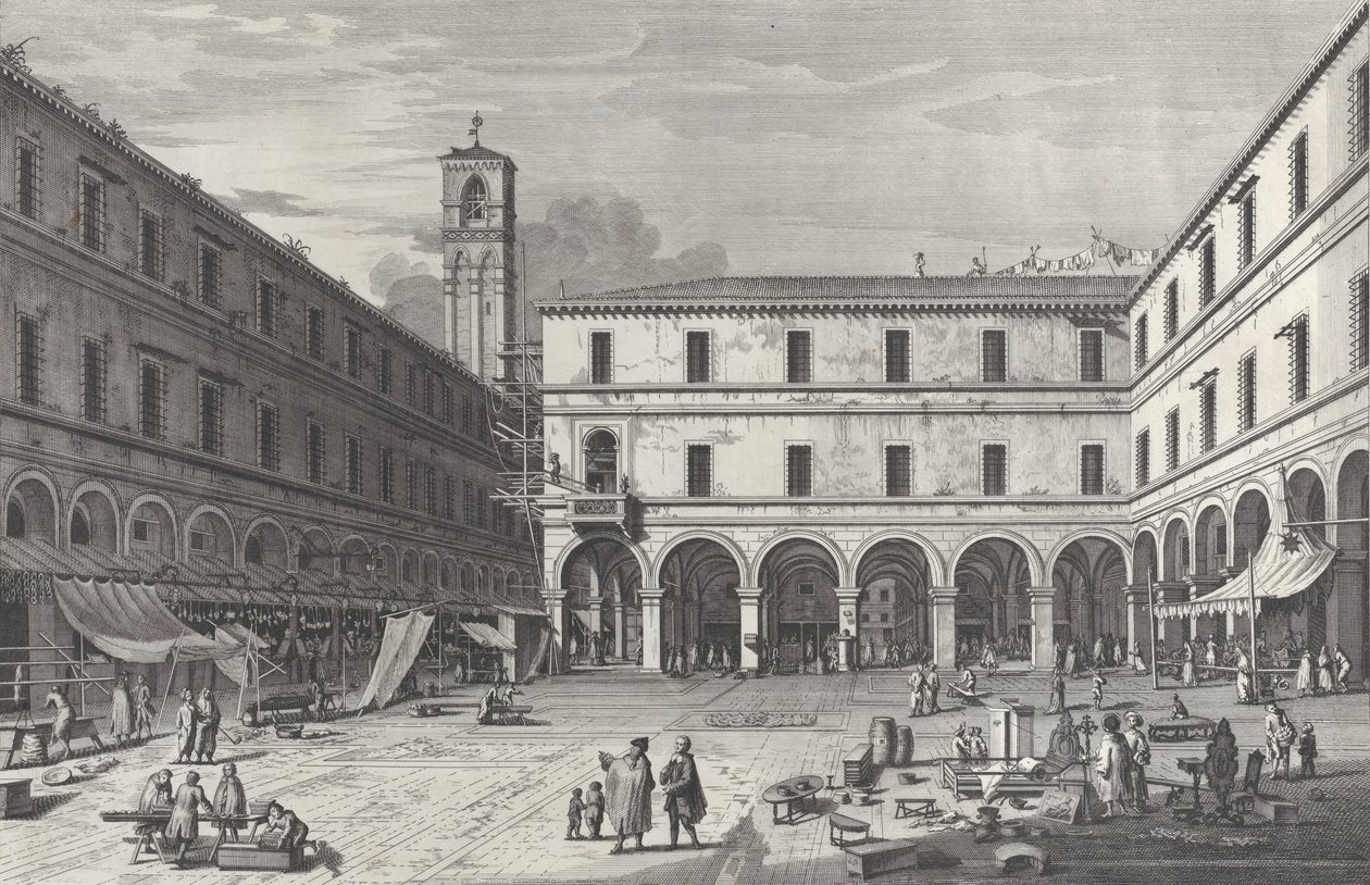 Utsikt över marknadstorget nära kyrkan San Giacomo, 1763., 1763. av Giovanni Battista Brostoloni