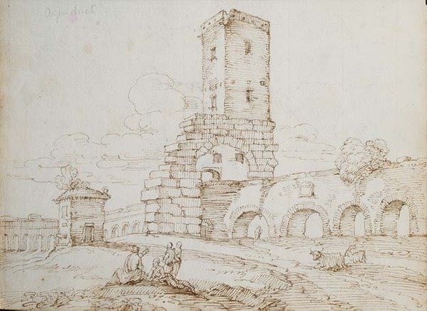 Figurer framför en akvedukt (brunt bläck över svart krita på papper) av Giovanni Battista Busiri