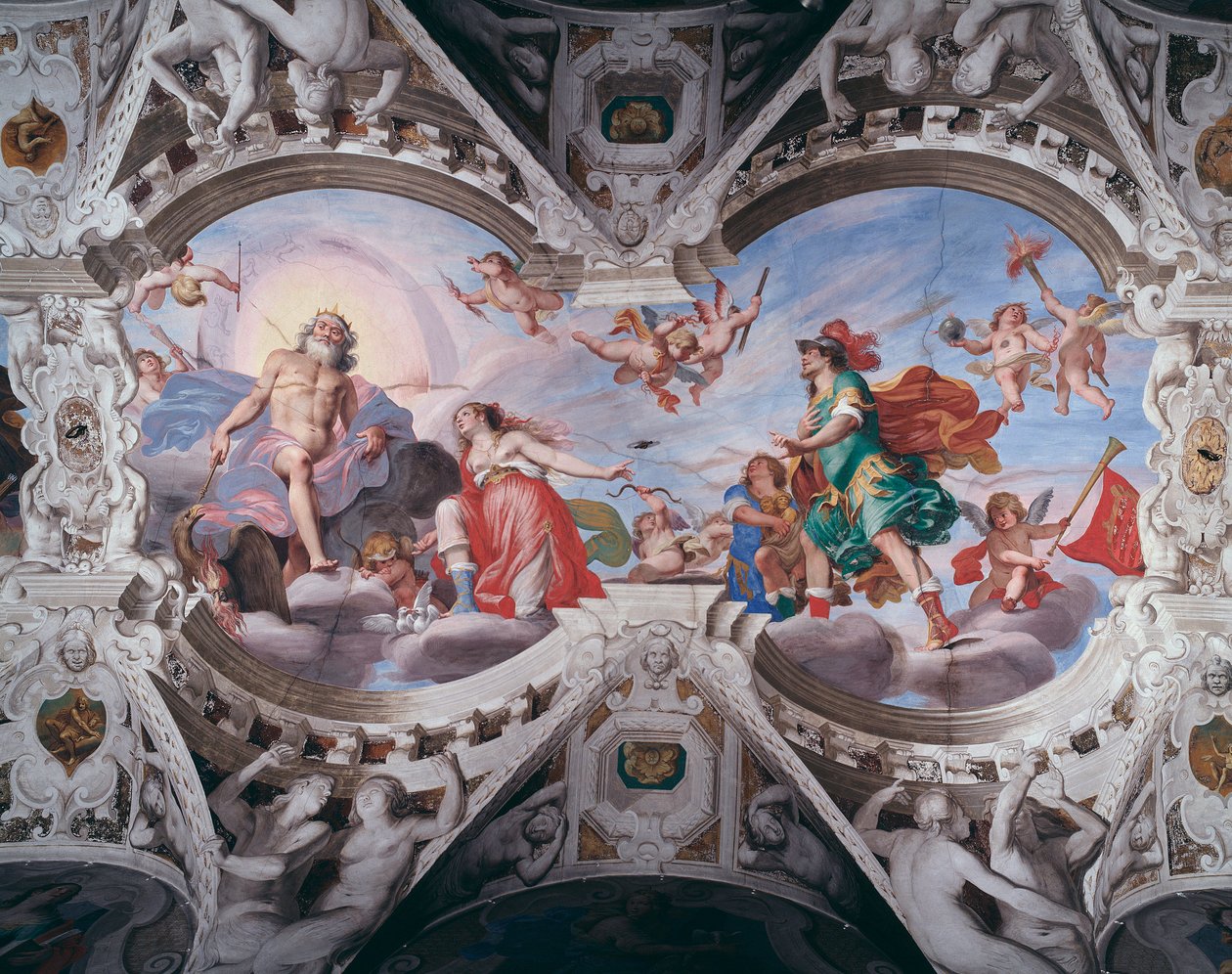 Afrodite bönfaller Zeus att inte döda sin älskare Anchises (Fresco av Giovanni Battista Carlone