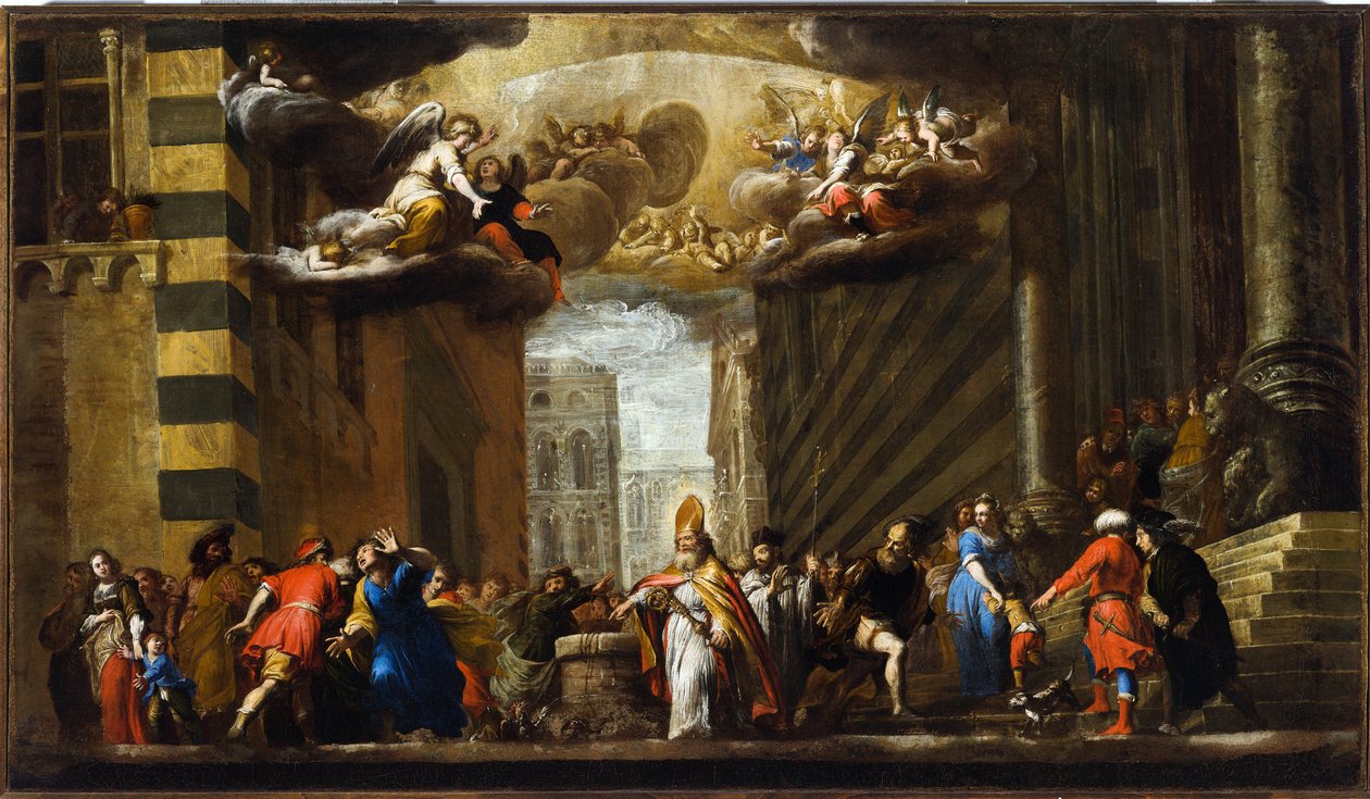 San Siro vinner Basilisken, Sketch for Church of San Siro i Genua, c.1683 (olja på duk) av Giovanni Battista Carlone
