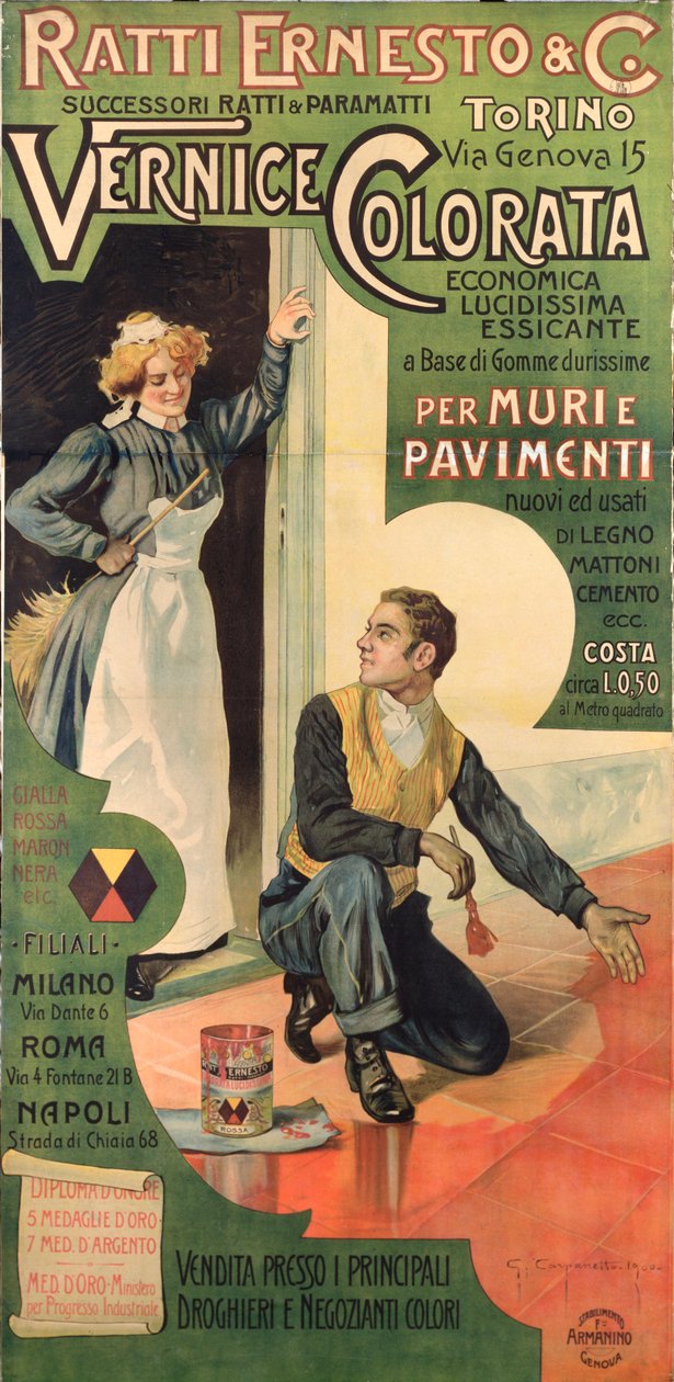 Reklamaffisch för Ratti Ernesto and Co. Paint-butikerna, Italien av Giovanni Battista Carpanetto