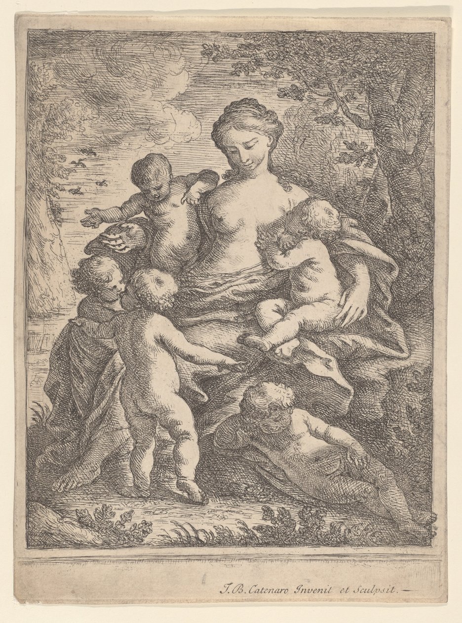Välgörenhet, sittande i ett landskap omgivet av fem nakna barn, 1692-1727. av Giovanni Battista Catenaro