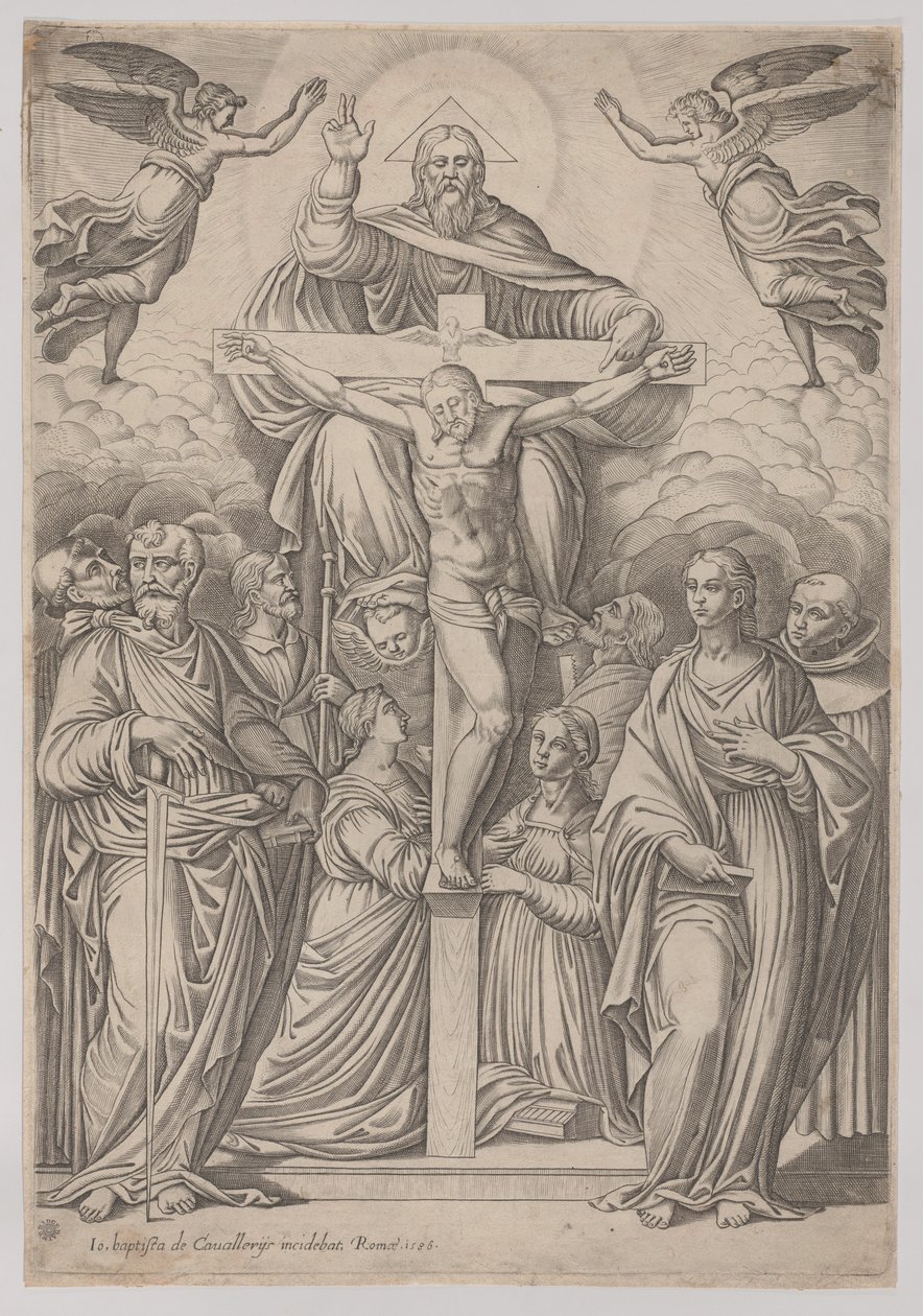 Treenigheten, med korsfästelsen i centrum och helgonen på båda sidor, 1586. av Giovanni Battista Cavalieri