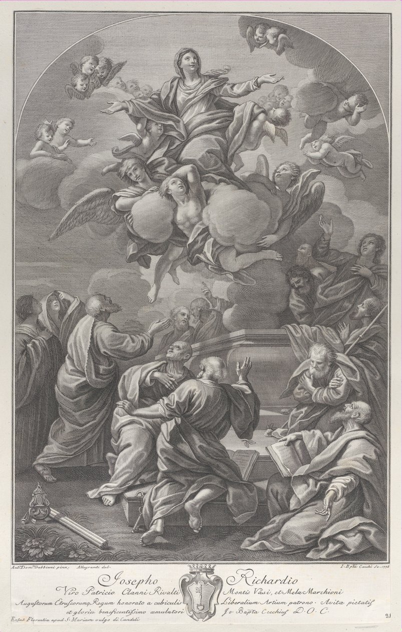 Jungfruns antagande, som reser sig från graven omgiven av apostlar, 1778. av Giovanni Battista Cecchi