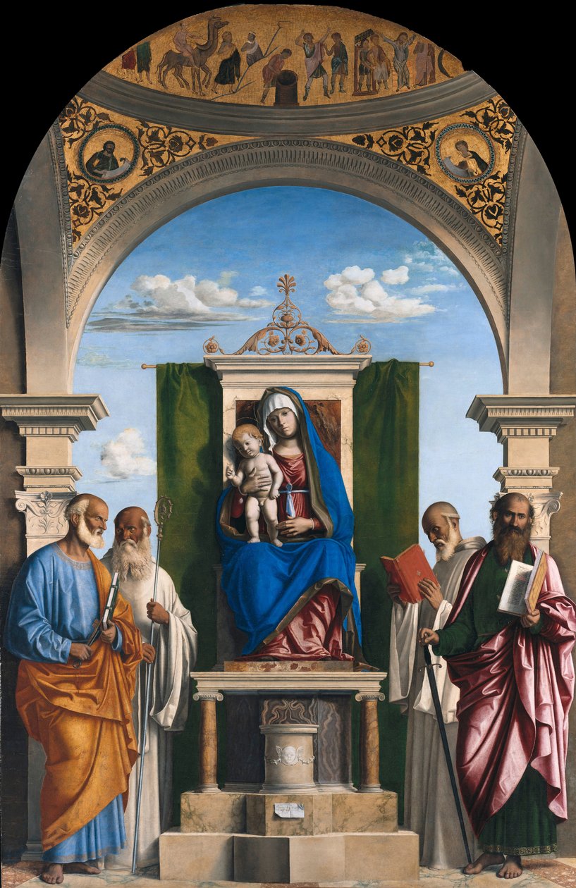 Madonna på tronen med barnet och de heliga Peter, Romuald, Benedict och Paul, ca 1595 av Giovanni Battista Cima da Conegliano