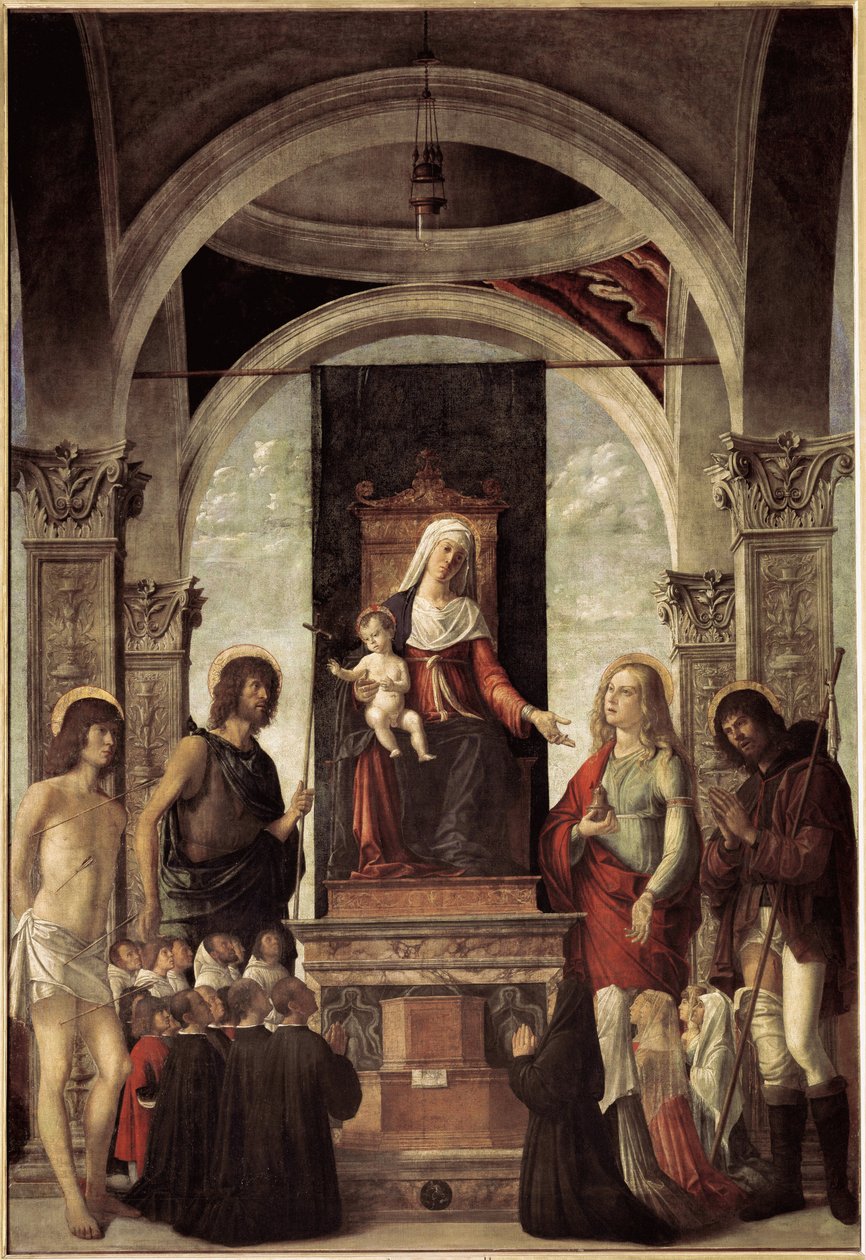 Heligt samtal, jungfru med barn omgiven av Johannes Döparen, St Sebastian, St Roch, St Mary Magdalena (olja på duk, ca 1487-1488) av Giovanni Battista Cima da Conegliano