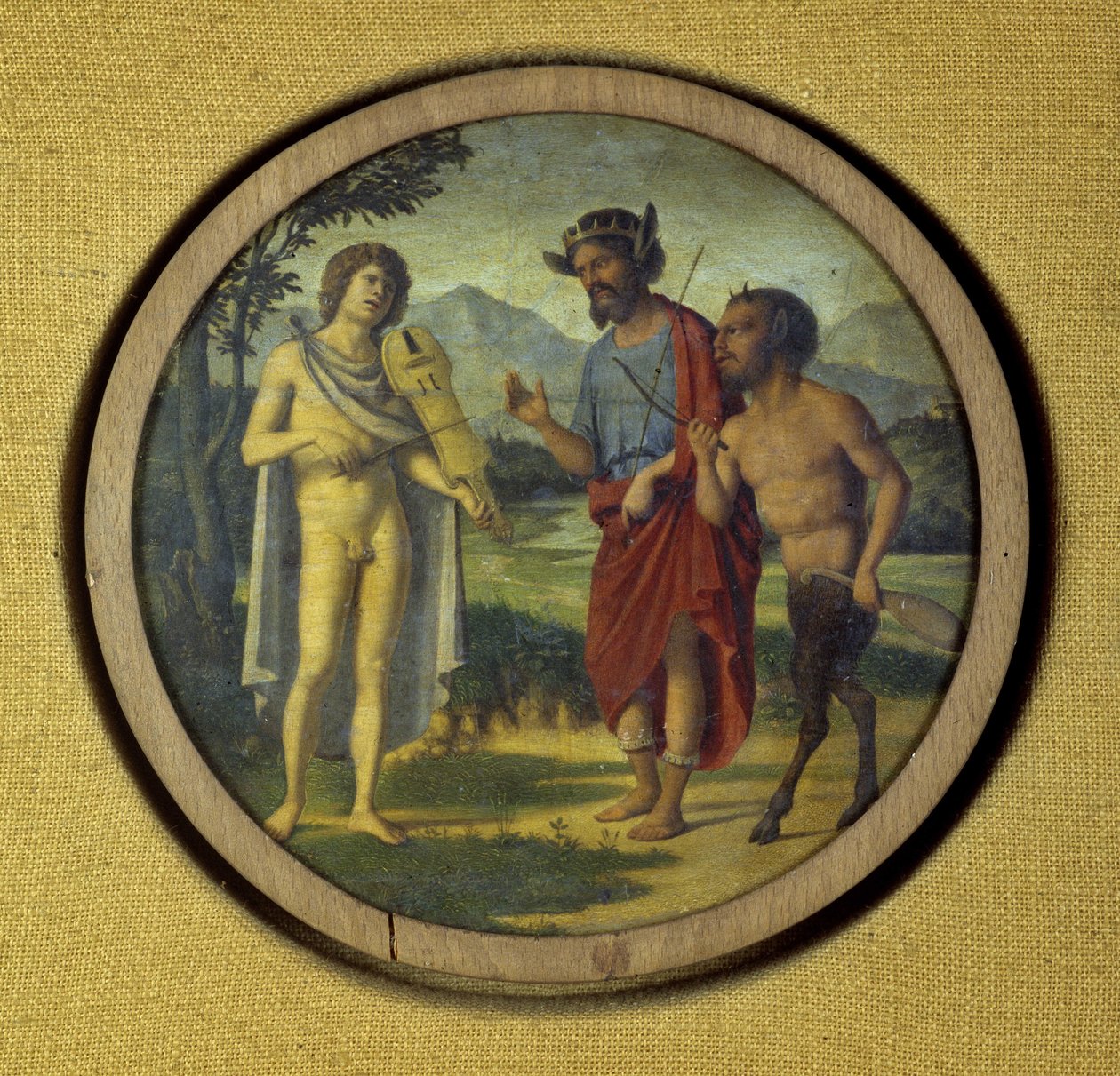 Klaviaturinstrumentlock med illustration föreställande Apollo (med lyra) och Marsyas av Giovanni Battista Cima da Conegliano