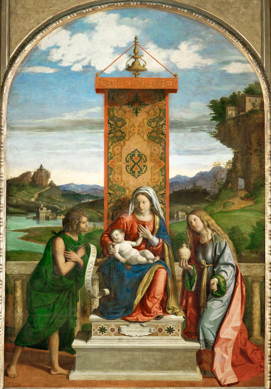 Jungfru Maria med barnet mellan Johannes Döparen och
Sankta Madeleine ... av Giovanni Battista Cima da Conegliano