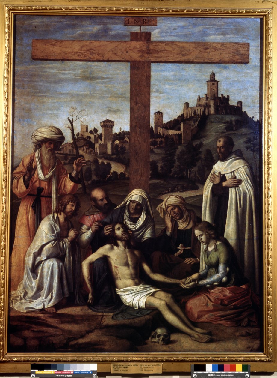 ""Deponeringen"" Inskription ""INRI"" på korset. Målning av Giovanni Battista Cima da Conegliano (cirka 1459-1517) 1500-talet Mått 199x148 cm Pushkin-museet, Moskva av Giovanni Battista Cima da Conegliano