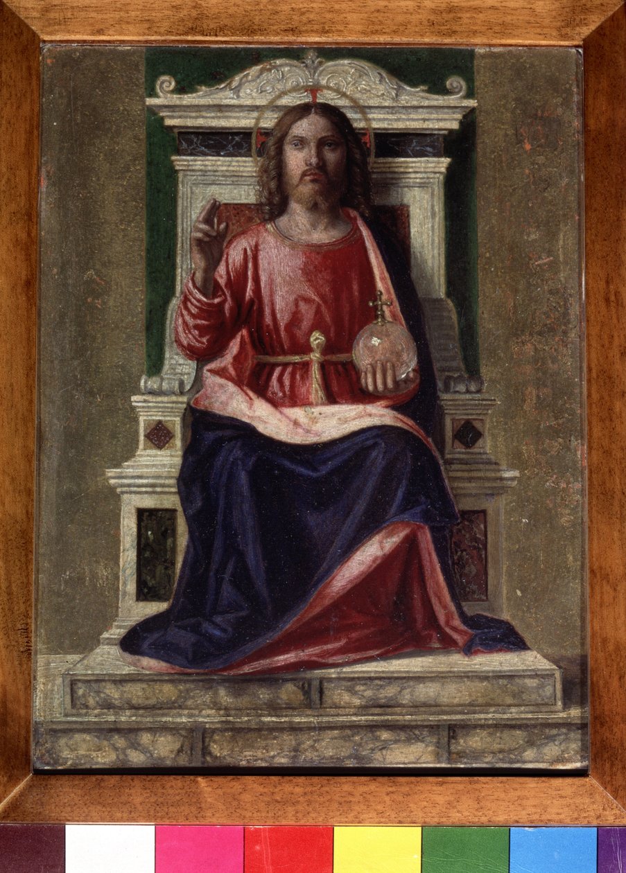 ""Kristus på tronen"" Hans gloria är markerad med ett kors, han håller i sin vänstra hand en jordglob med ett kors och gör ett välsignelsetecken med sin högra hand. Målning av Giovanni Battista Cima da Conegliano (cirka 1459-1517) ca 1505 Dim av Giovanni Battista Cima da Conegliano