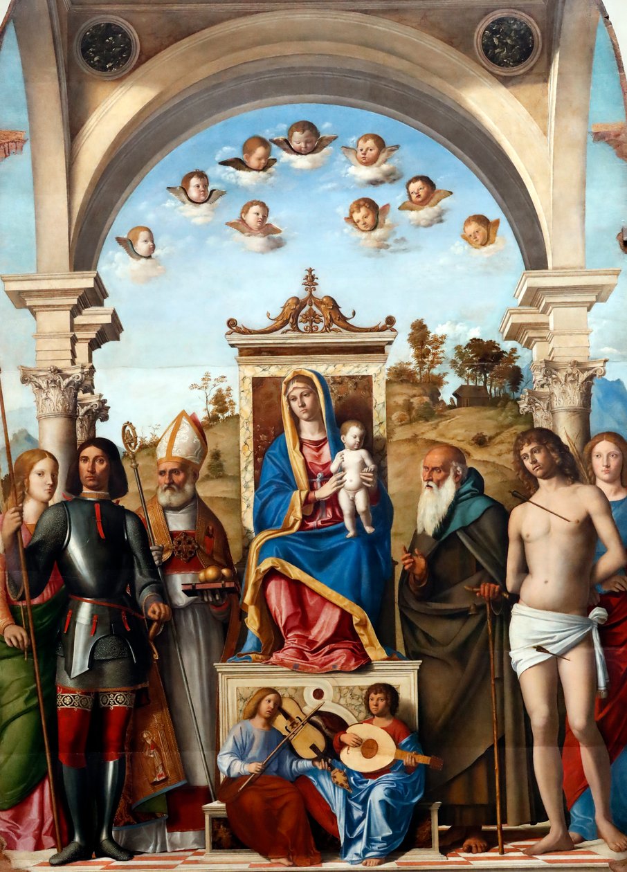 Madonna och barn tronade med Saints Catherine, George, Nicholas, Anthony Abbot, Sebastian och Lucy av Giovanni Battista Cima da Conegliano