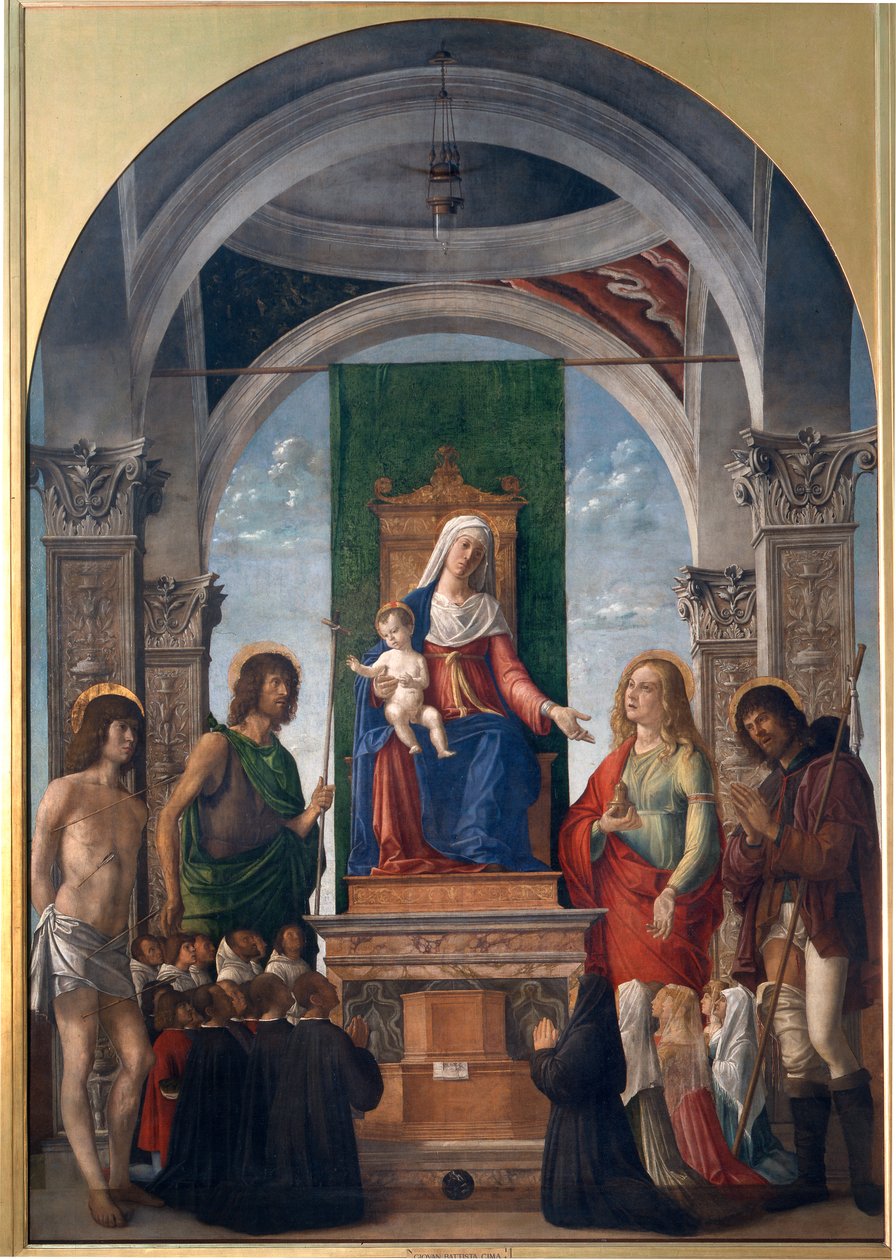 Madonna och barn på tronen med den helige Sebastian, den helige Johannes döparen, den heliga Maria Magdalena, den heliga Roch och medlemmar av brödraskapet i San Giovanni Evangelista av Giovanni Battista Cima da Conegliano