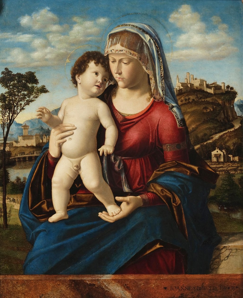 Madonna med barn i ett landskap av Giovanni Battista Cima da Conegliano