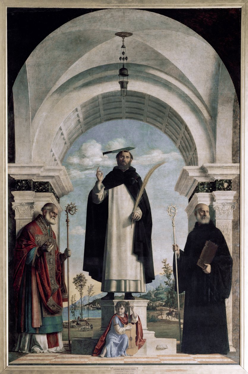 St Peter av Verona med St Nicholas och St Benedict med ängel (olja på panel av Giovanni Battista Cima da Conegliano