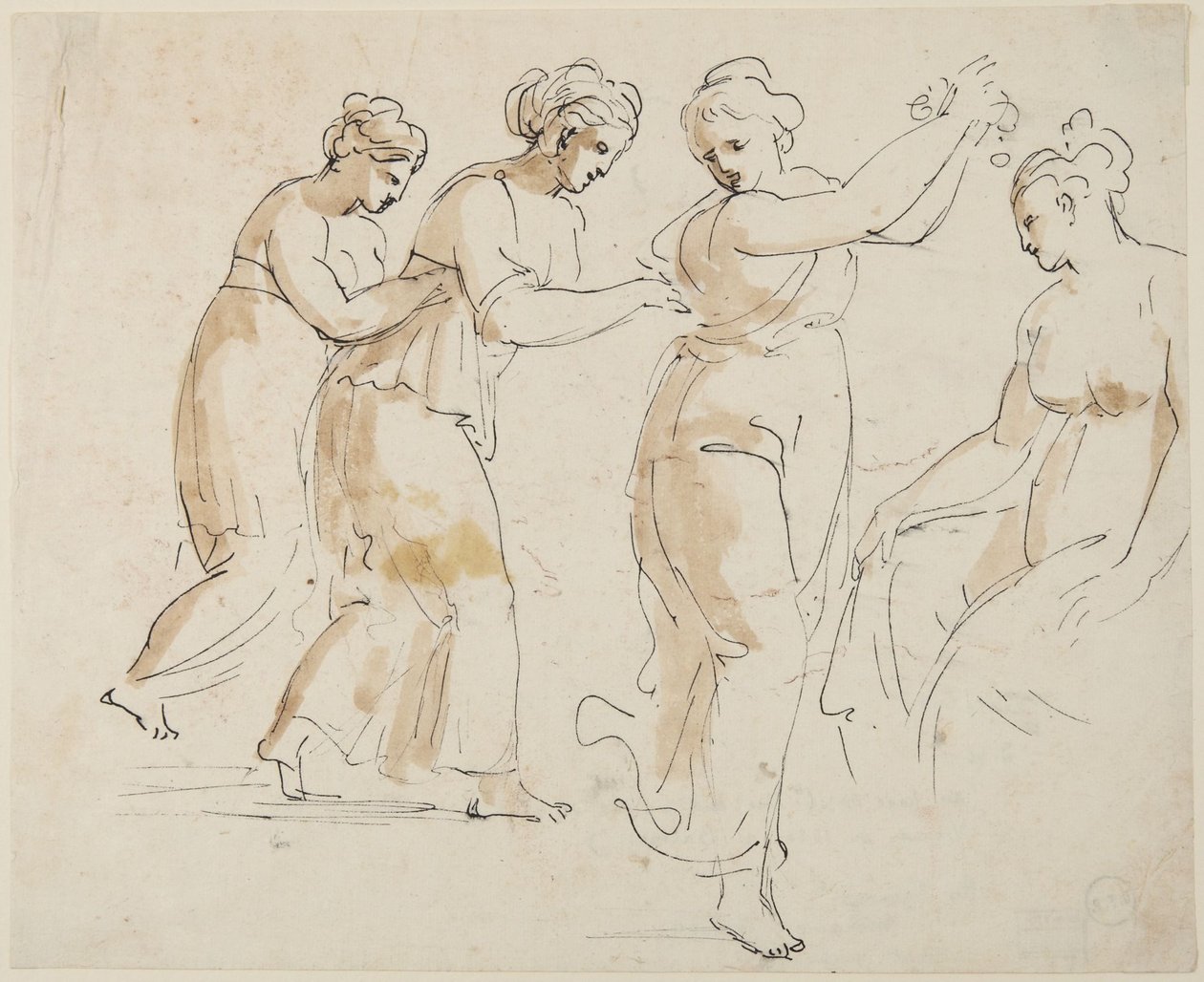 En sittande och tre dansande nymfer av Giovanni Battista Cipriani