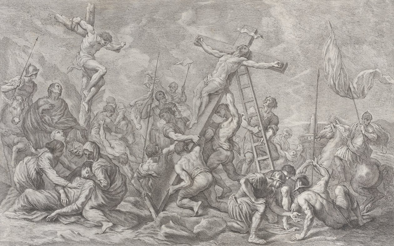 Korsfästelsen, med sänkningen av korset i centrum, soldater överallt och en tjuv..., 1762. av Giovanni Battista Cipriani
