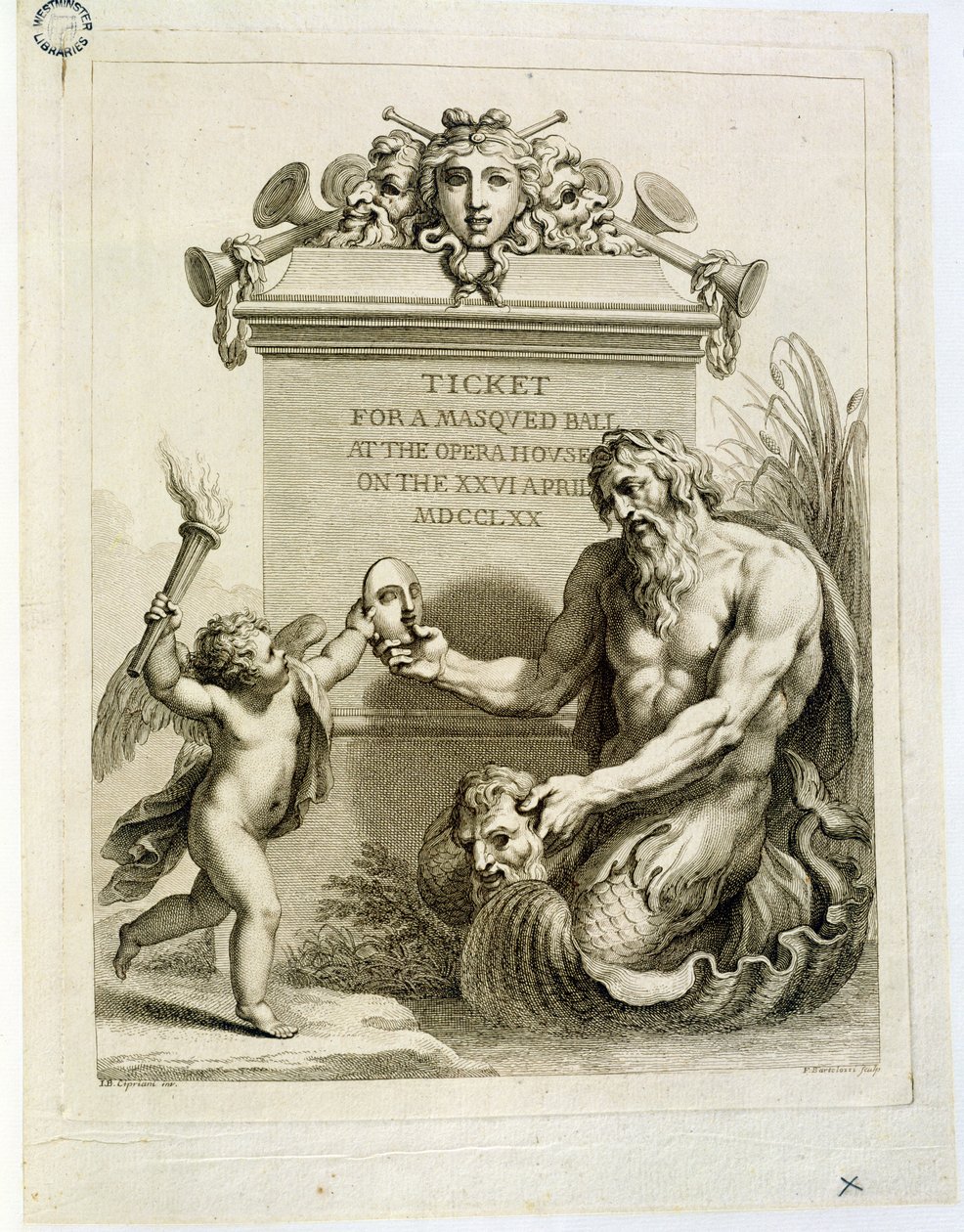 Biljett till en maskeradbal på operahuset den 26 april, graverad av Francesco Bartolozzi (1727-1815), 1770 av Giovanni Battista Cipriani