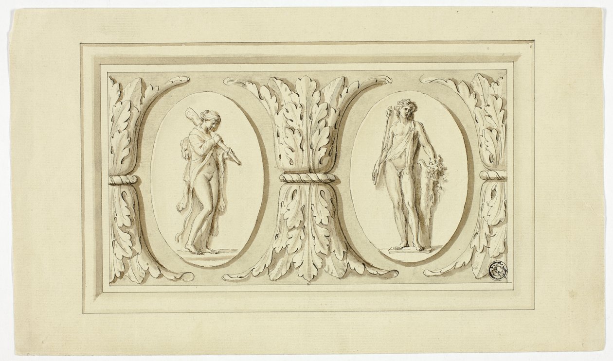 Två medaljonger med stående figurer av Omphale och Bacchus, åtskilda av ett mönster av akantusblad av Giovanni Battista Cipriani