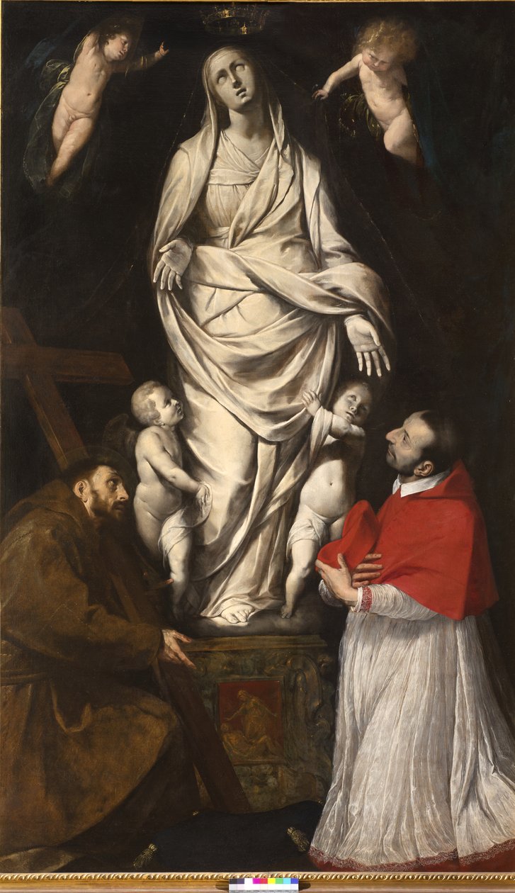 Saint Francis och den välsignade Charles Borromeo i bön framför statyn av Vår Fru i San Celso i Milano, ca 1610 av Giovanni Battista Crespi