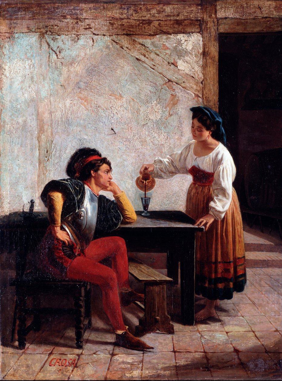Ung tjänare i ett värdshus och en soldat Målning av Giovanni Battista Crosa (aktiv mellan 1859 och 1882) 1865 Dim 98x64 cm Genes, Galleria d