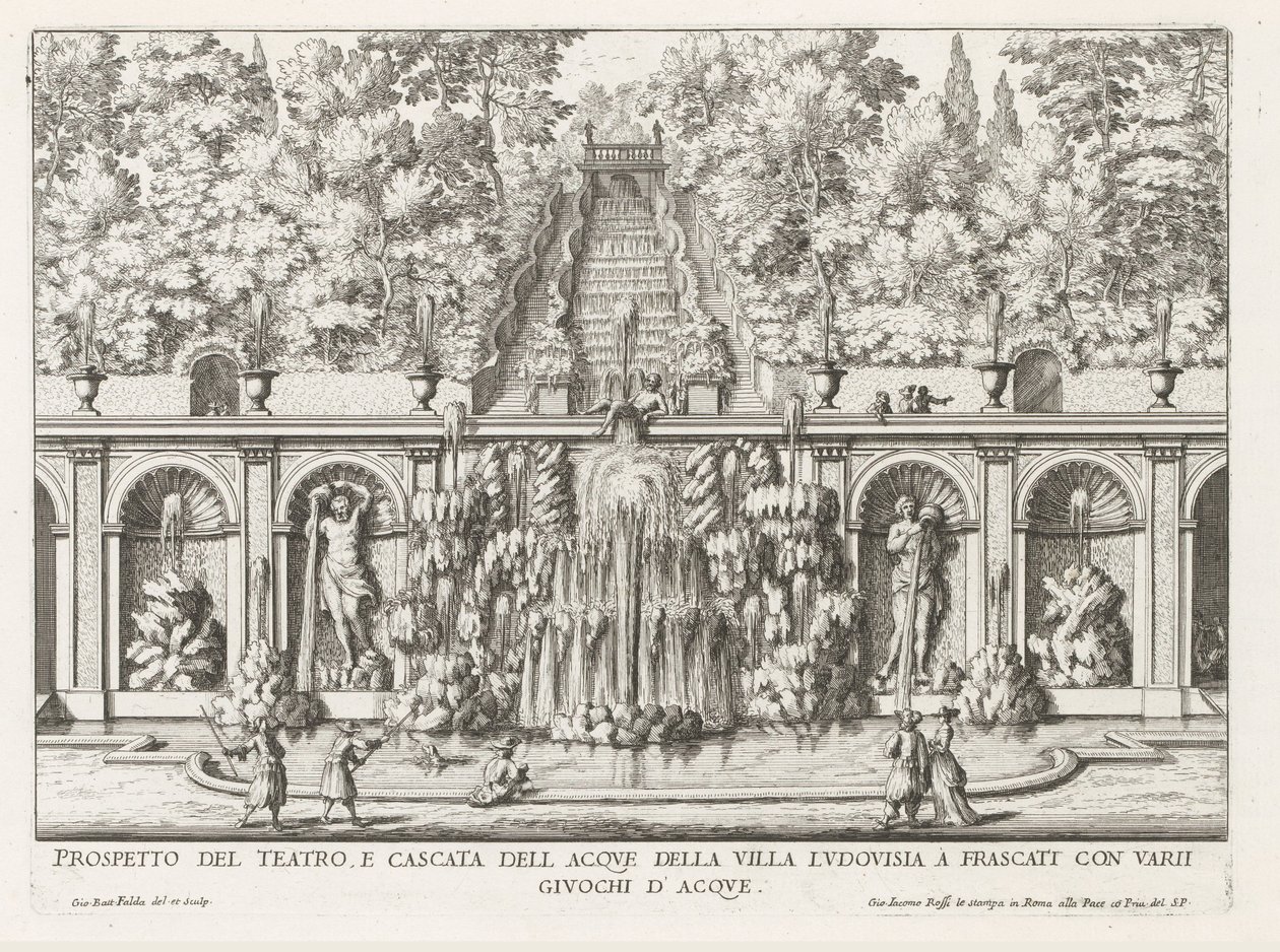 Cascade en Teatro delle Acque i trädgården av Villa Torlonia te Frascati Utsikten till teatern och vattenfallet i Villa Ludovisia (...) (titel på objektet) Fontänerna i Frascati-villorna (serietitel) Fonteinen van Frascati (serietitel) av Giovanni Battista Falda