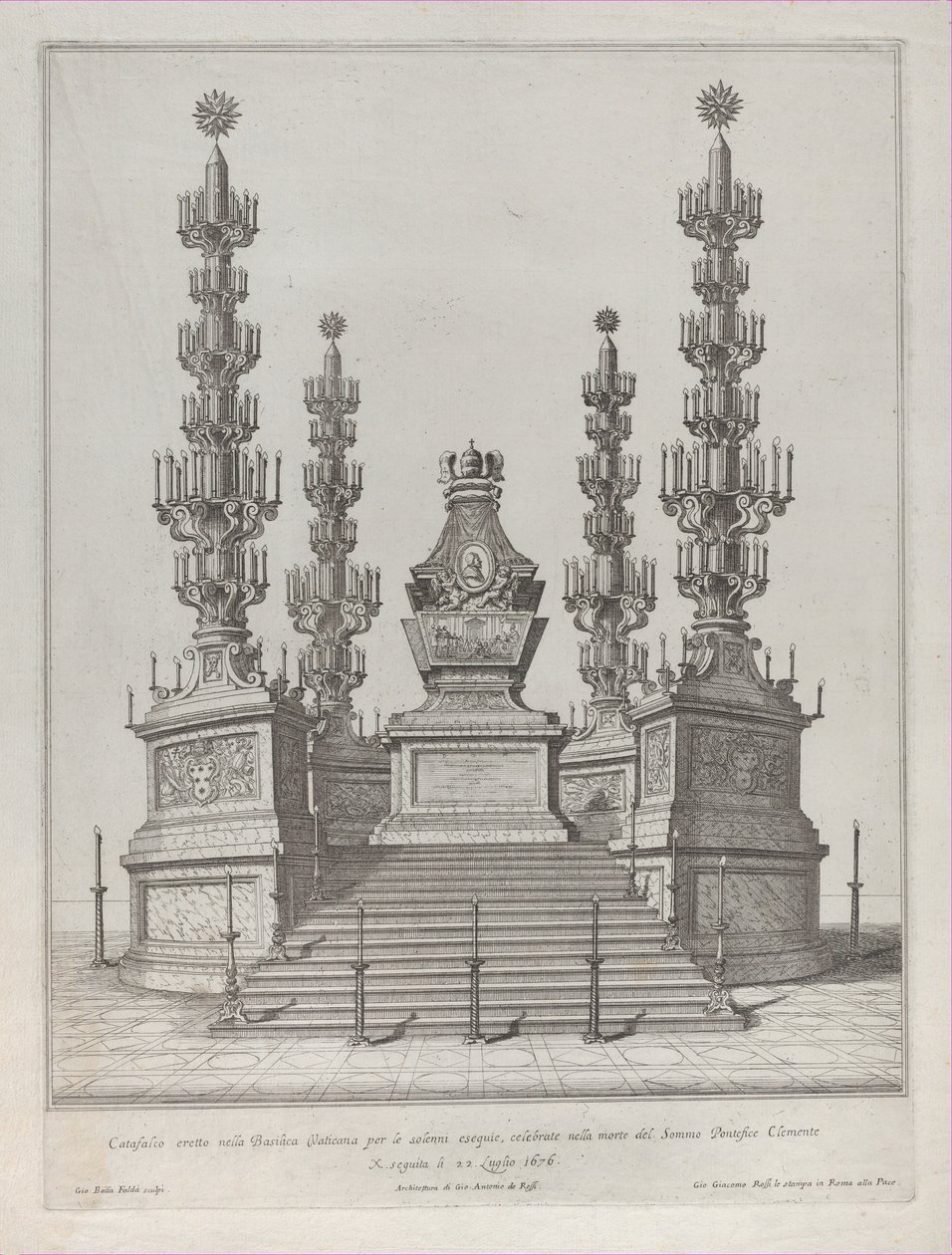 Katafalk för påven Clement X: en central struktur upphöjd på en plattform med 15 trappsteg, med c..., 1676. av Giovanni Battista Falda
