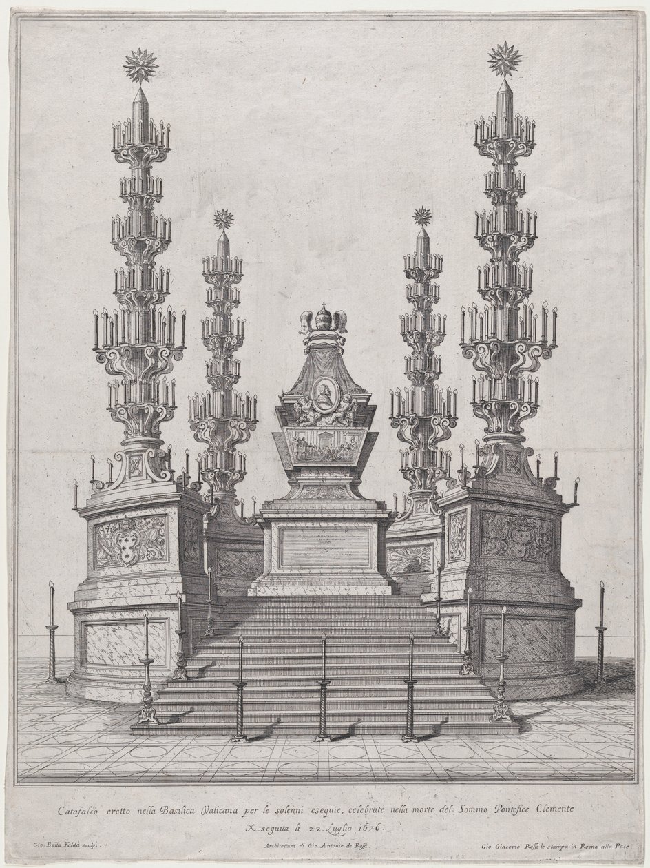 Katafalk för påven Clement X, central struktur på toppen av en femtonstegsplattform, med..., 1676. av Giovanni Battista Falda