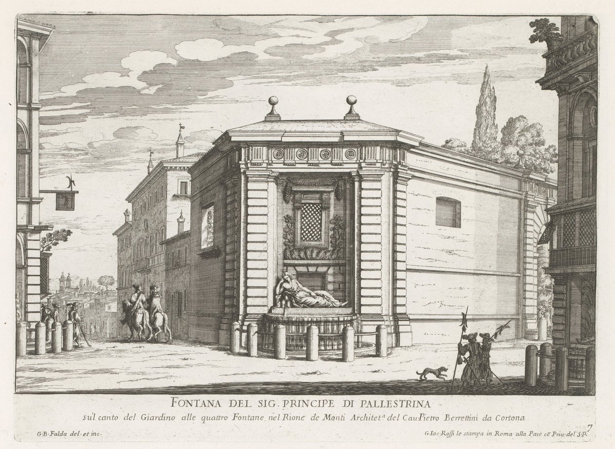 Dianafontein van de Quattro Fontane te Rom Fontän av Mr. Prince of Pallestrina (titel på objekt) Fontäner i Rom (serietitel) Fonteinen van Rome (serietitel) av Giovanni Battista Falda