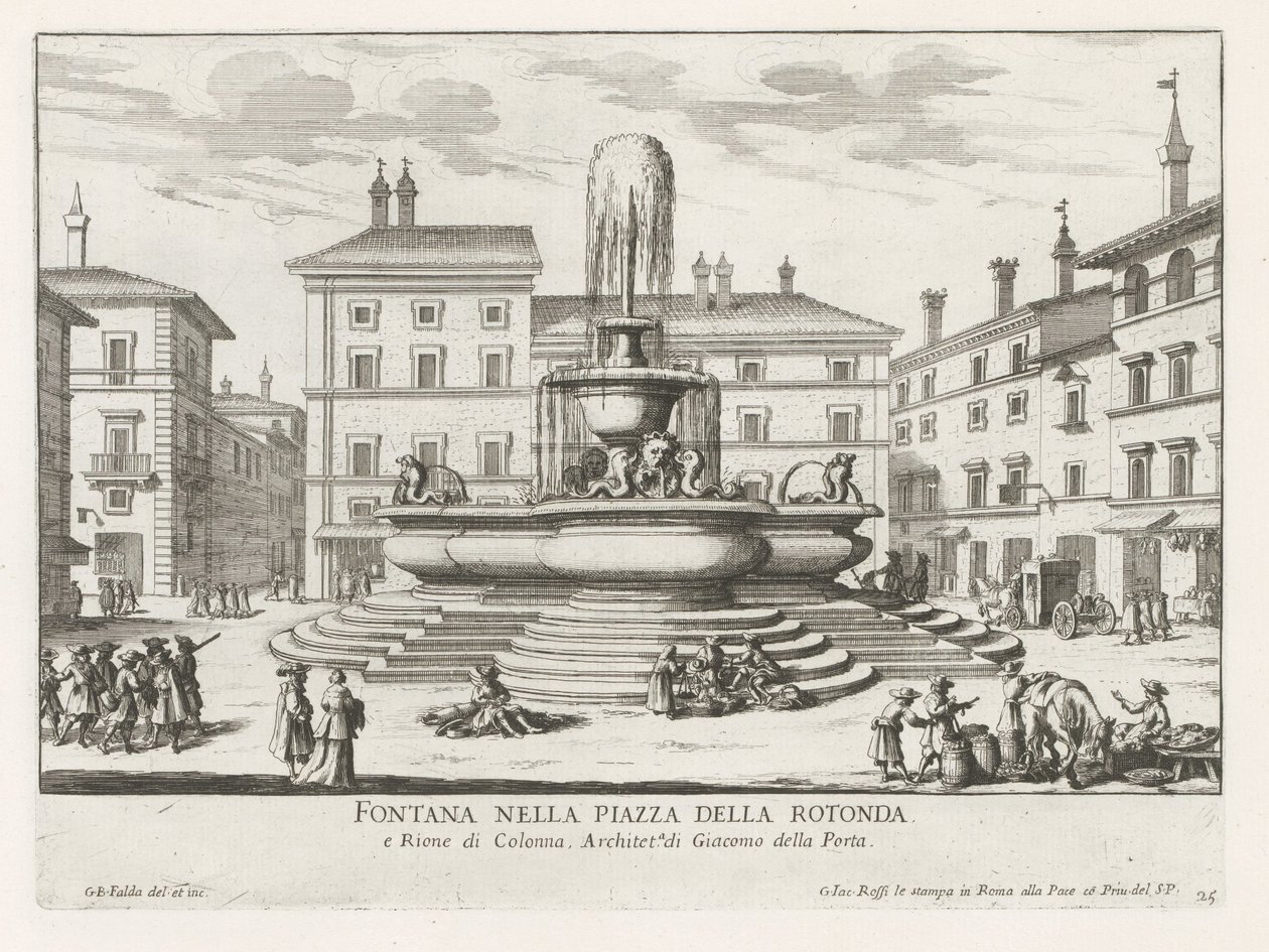 Fontän av Pantheon på Piazza della Rotonda te Rom Fontän på Piazza della Rotonda (titel på objekt) Fontäner i Rom (serietitel) Fonteinen van Rome (serietitel) av Giovanni Battista Falda