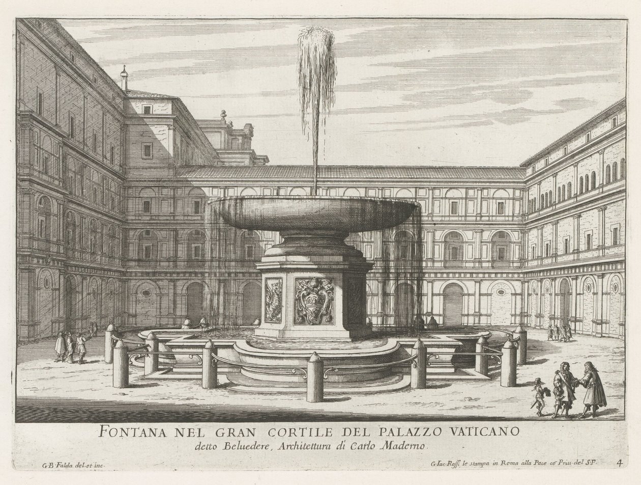 Fontein in de Cortile del Belvedere i Vatikanen Fontän på Vatikanpalatsets storslagna gård (titel på objektet) Fontäner i Rom (serietitel) Fonteinen van Rome (serietitel) av Giovanni Battista Falda