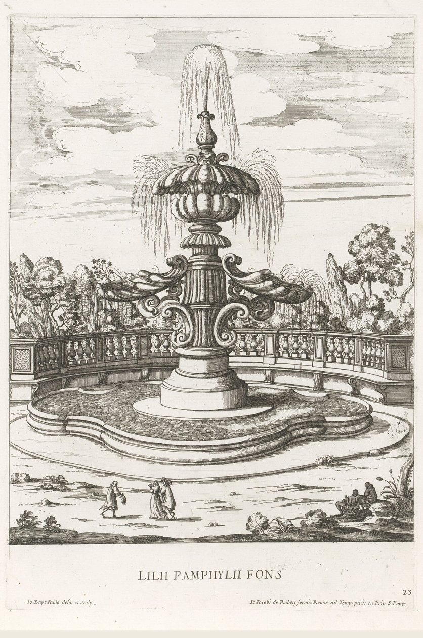 Fontän i trädgårdarna i Villa Doria Pamphilj i Rom Lilii Pamphylii fons (titel på objekt) Le fontane ne palazzi e ne giardini di Roma (serietitel) Fontäner i Roms palats och trädgårdar (serietitel) av Giovanni Battista Falda