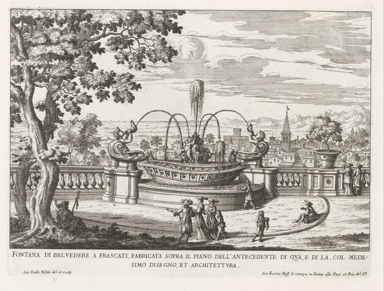 Fontein in de tuinen van de Villa Aldobrandini te Frascati Belvedere-fontänen i Frascati, byggd ovanför nivån för föregångaren på denna sida (...) (titel på objektet) Fontänerna i Frascati-villorna (serietitel) Fonteinen van Frascati (serietitel) av Giovanni Battista Falda
