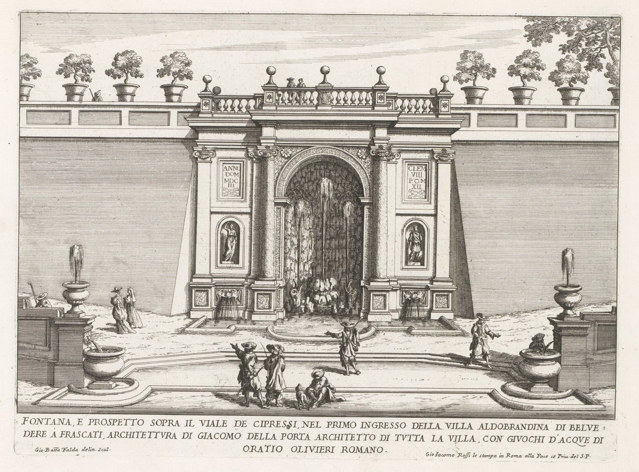 Fontein in de tuinen van de Villa Aldobrandini te Frascati Fontän och höjd över cypressalén (...) (titel på objektet) Fountains of the Villas of Frascati (serietitel) Fonteinen van Frascati (serietitel) av Giovanni Battista Falda