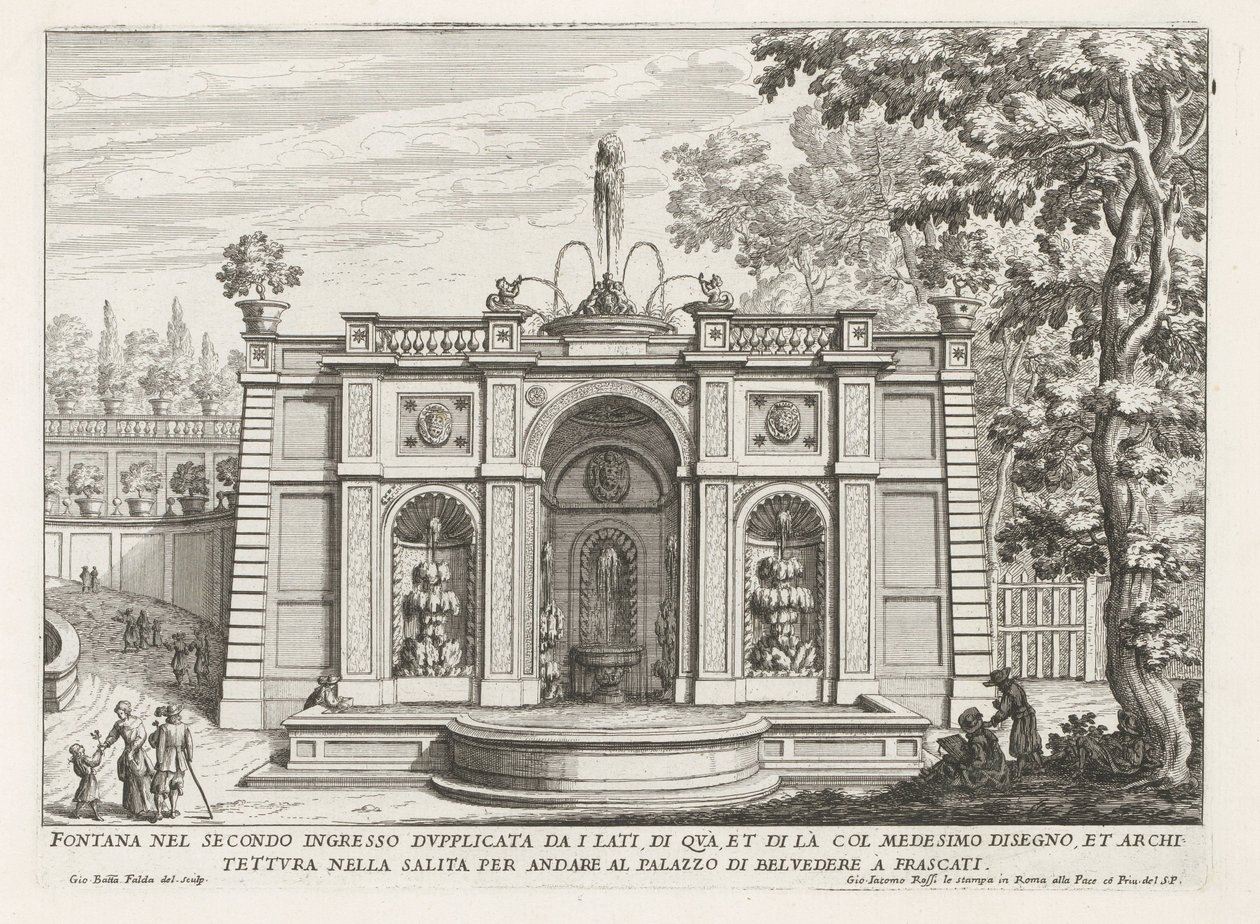 Fontein in de tuinen van de Villa Aldobrandini te Frascati Fontän i andra ingången fördubblad från sidorna (...) (titel på objekt) Fontänerna i Frascati-villorna (serietitel) Fonteinen van Frascati (serietitel) av Giovanni Battista Falda
