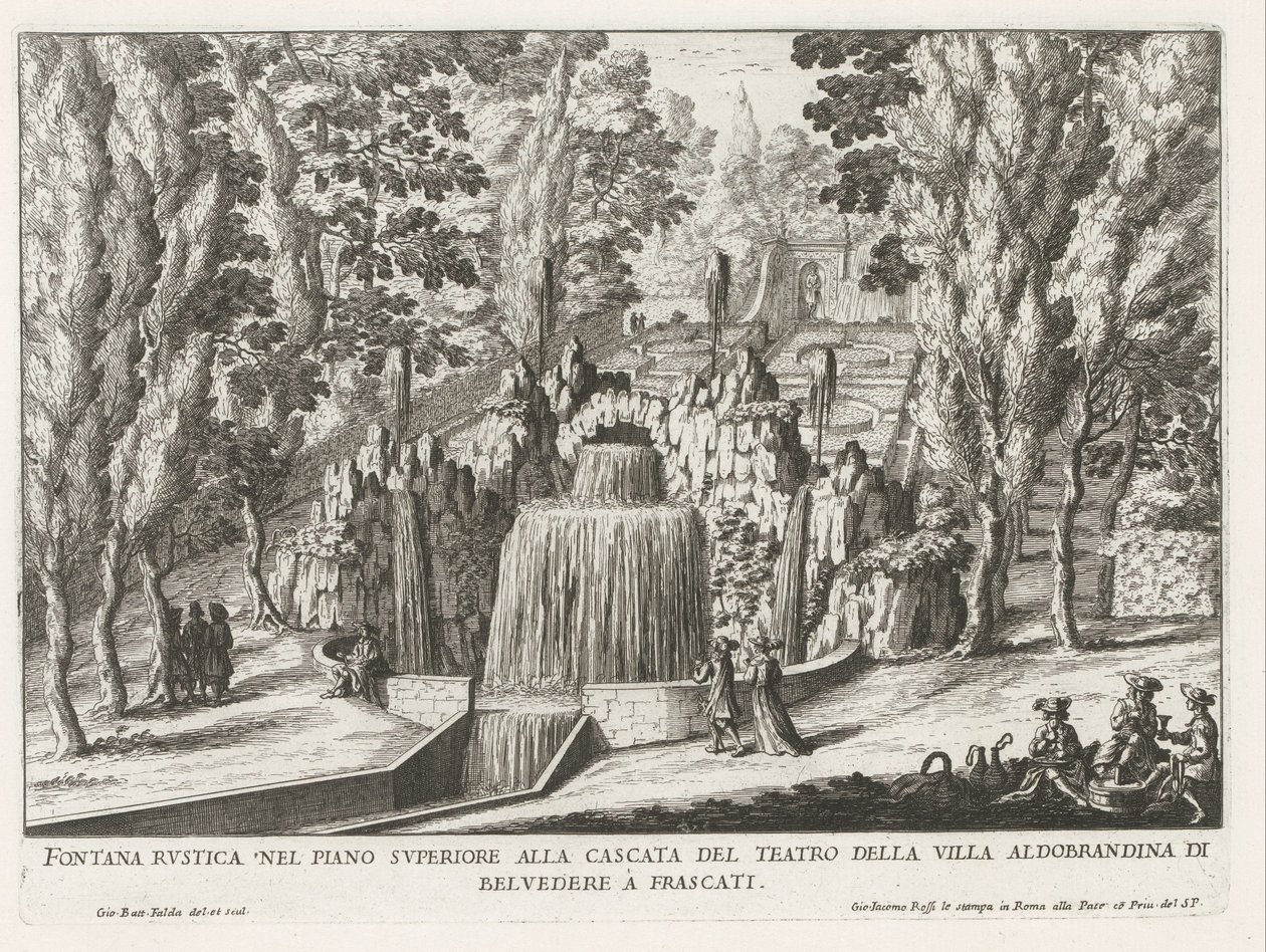 Fontein in de tuinen van de Villa Aldobrandini te Frascati Rustik fontän på övervåningen vid teaterns vattenfall (...) (titel på objekt) Fontänerna i Frascati-villorna (serietitel) Fonteinen van Frascati (serietitel) av Giovanni Battista Falda