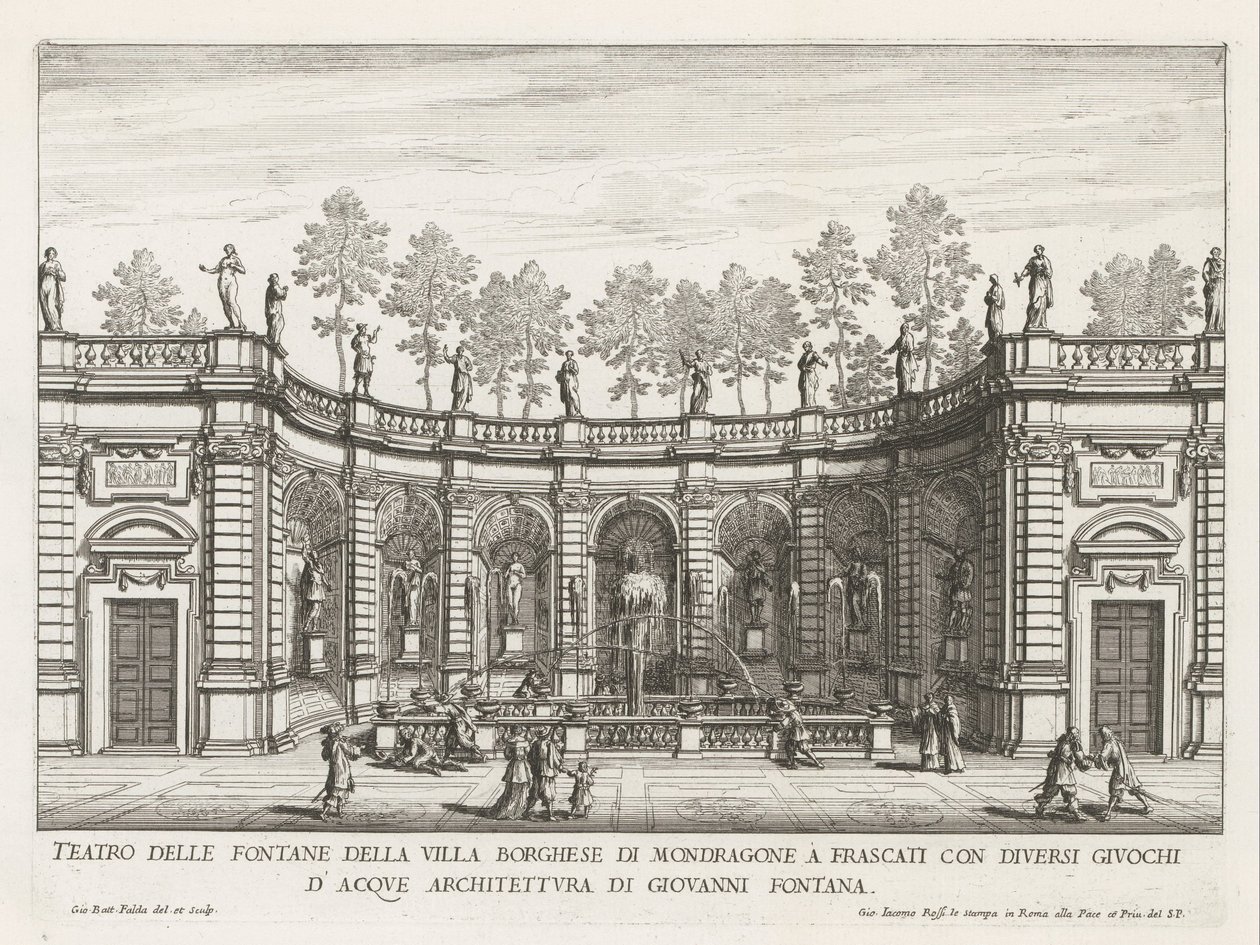 Fontein in de tuinen van de Villa Mondragone te Frascati Teater för fontänerna i Villa Borghese i Mondragone i Frascati (...) (titel på objektet) Fountains of the Villas of Frascati (serietitel) Fonteinen van Frascati (serietitel) av Giovanni Battista Falda