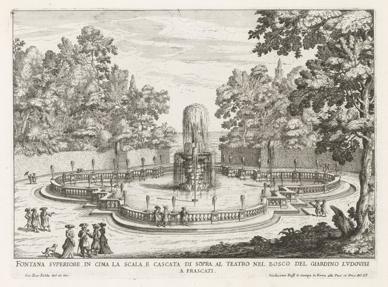 Fontein in de tuinen van de Villa Torlonia te Frascati Övre fontän på toppen av trappan och vattenfallet ovanför teatern (...) (titel på objektet) Fontänerna i Frascati-villorna (serietitel) Fonteinen van Frascati (serietitel) av Giovanni Battista Falda