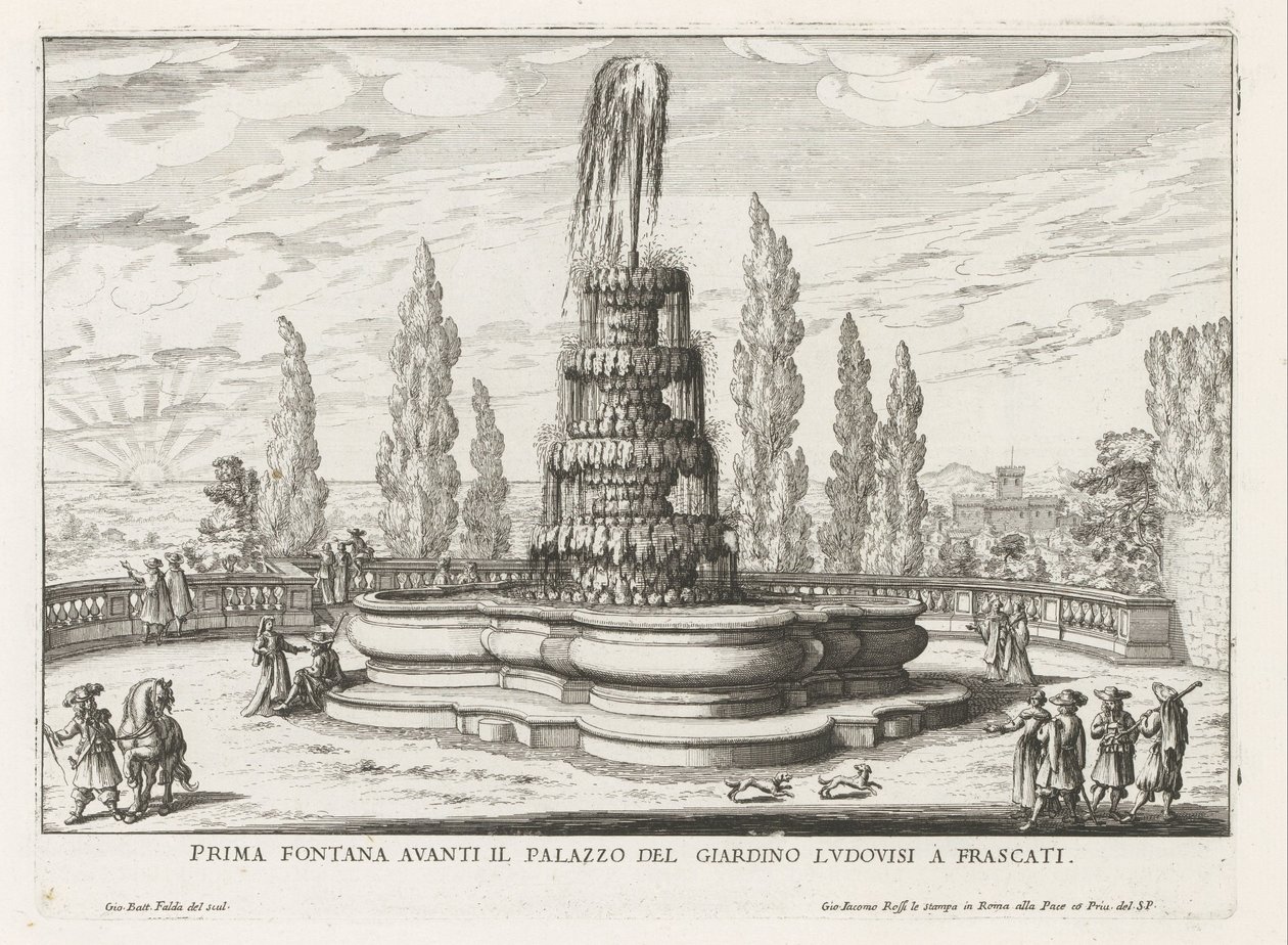 Fontein in de tuinen van de Villa Torlonia te Frascati Första fontänen framför Palazzo del Giardino Ludovisi i Frascati (titel på objektet) Fontänerna i Frascati-villorna (serietitel) Fonteinen van Frascati (serietitel) av Giovanni Battista Falda