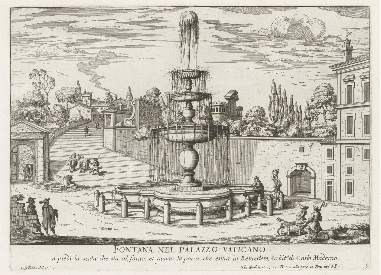 Fontän i Vatikanen Fontana nel Palazzo Vaticano (titel på objekt) Fontane di Roma (serietitel) Fontäner i Rom (serietitel) av Giovanni Battista Falda