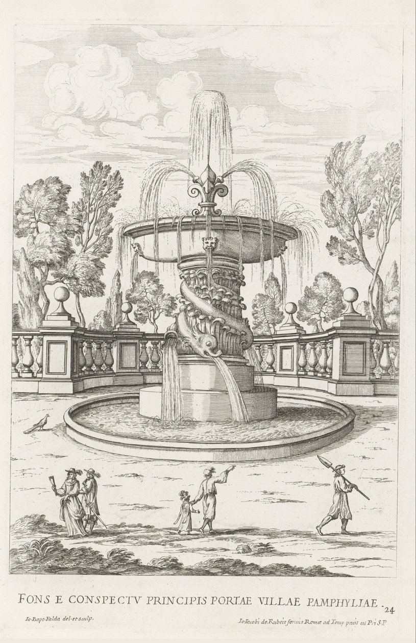 Fontein träffade dolfijnen i trädgården av Villa Doria Pamphilj te Rom Fontänen framför prinsens port i staden Pamfylien (titel på objektet) Le fontane ne palazzi e ne giardini di Roma (serietitel) Fonteinen in de paleizen en tuinen van Rome (serietitel av Giovanni Battista Falda
