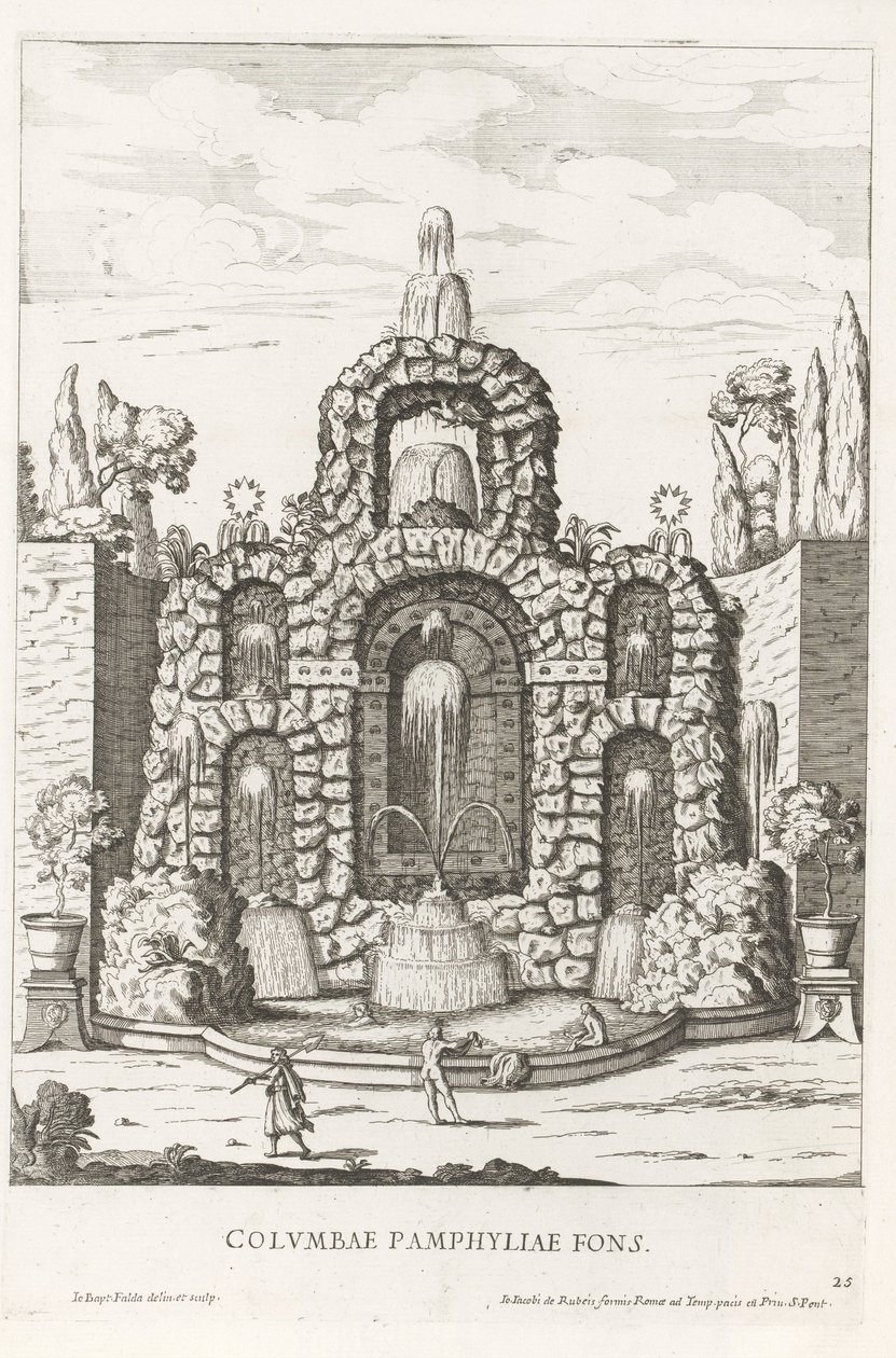 Fontän med duvor i trädgårdarna i Villa Doria Pamphilj i Rom Columbae Pamphyliae fons (titel på objekt) Le fontane ne palazzi e ne giardini di Roma (serietitel) Fontäner i Roms palats och trädgårdar (serietitel) av Giovanni Battista Falda