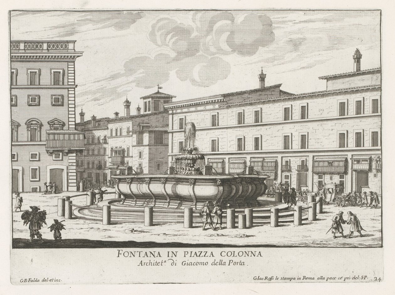 Fontein på Piazza Colonna i Rom Fontän på Piazza Colonna (titel på objekt) Fontäner i Rom (serietitel) Fonteinen van Rome (serietitel) av Giovanni Battista Falda