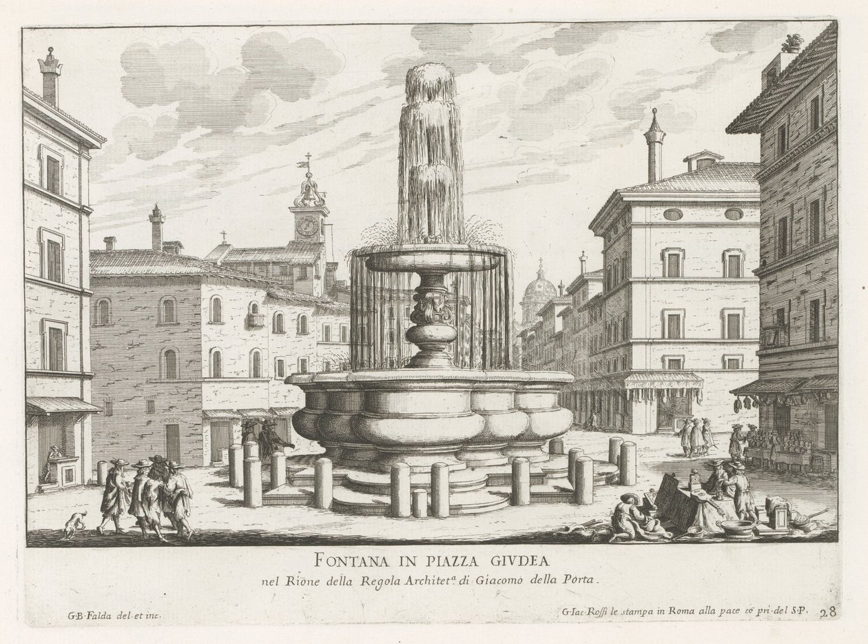 Fontein på Piazza Giudia te Rom Fontän på Piazza Giudea (titel på objekt) Fontäner i Rom (serietitel) Fonteinen van Rome (serietitel) av Giovanni Battista Falda