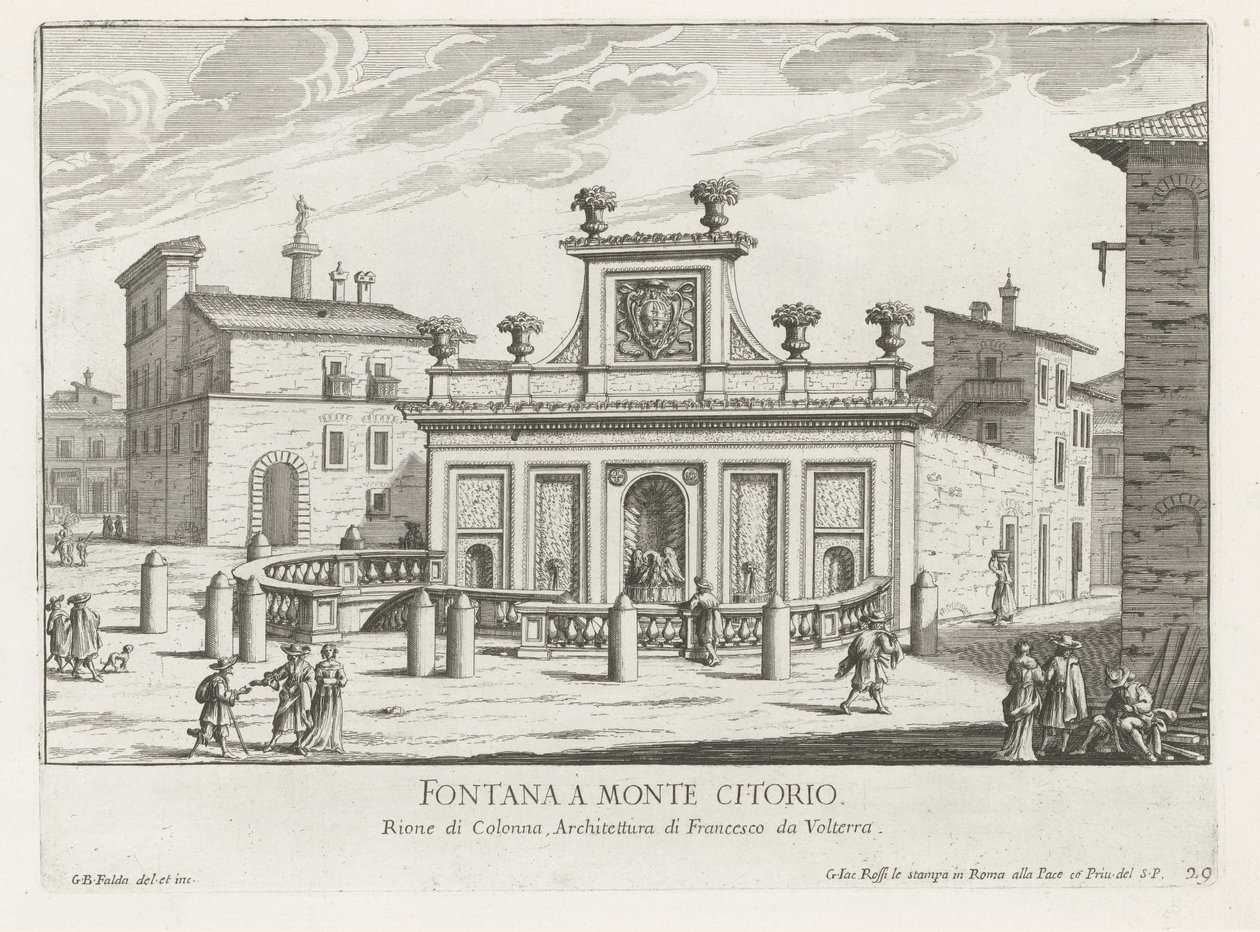 Fontein på Piazza Montecitorio te Rom Fontana a Monte Citorio (titel på objekt) Fontane di Roma (serietitel) Fonteinen van Rome (serietitel) av Giovanni Battista Falda